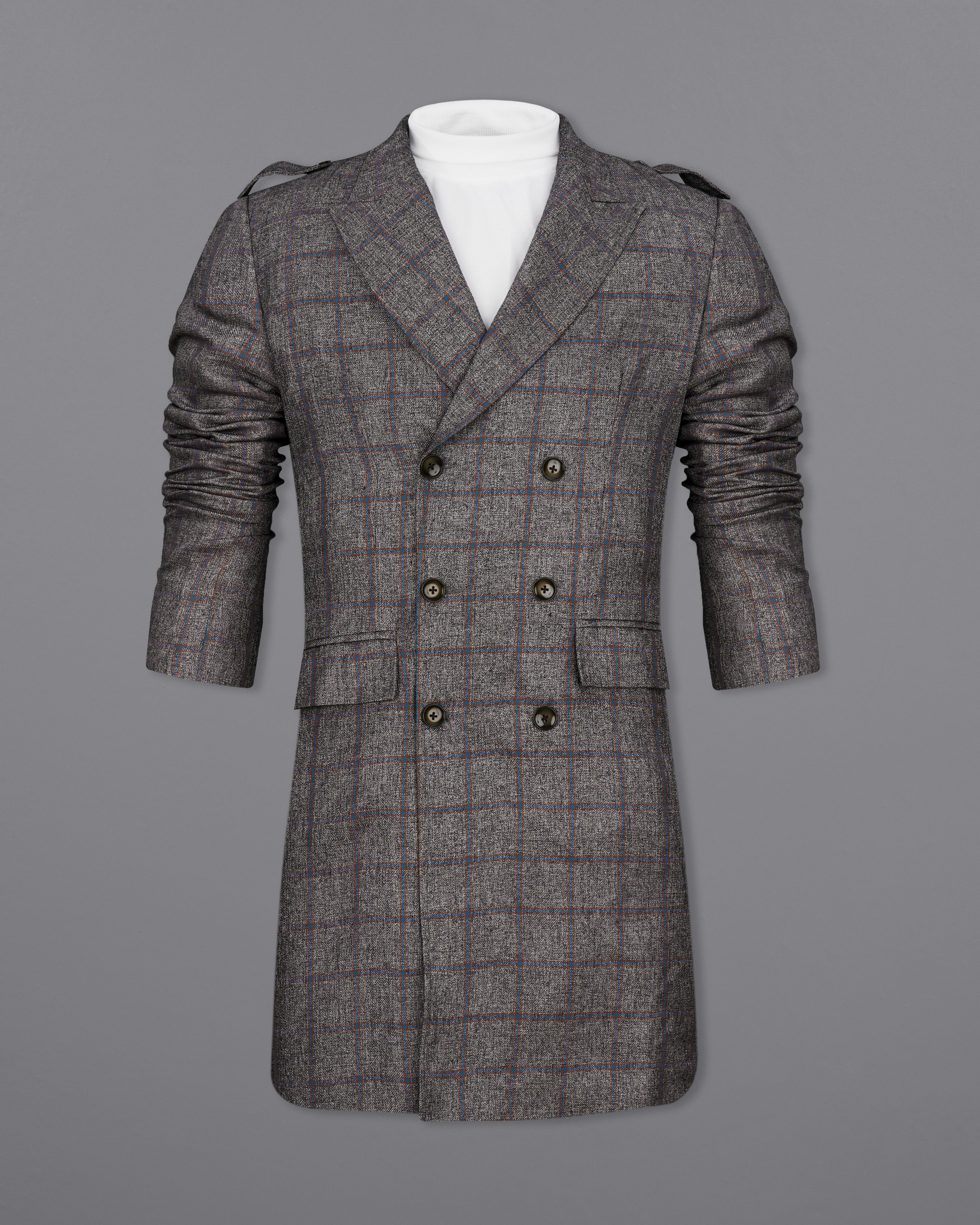 Fuscous Gray Windowpane Double Breasted Designer Trench Coat TCB2320-D202-36, TCB2320-D202-38, TCB2320-D202-40, TCB2320-D202-42, TCB2320-D202-44, TCB2320-D202-46, TCB2320-D202-48, TCB2320-D202-50, TCB2320-D202-52, TCB2320-D202-54, TCB2320-D202-56, TCB2320-D202-58, TCB2320-D202-60