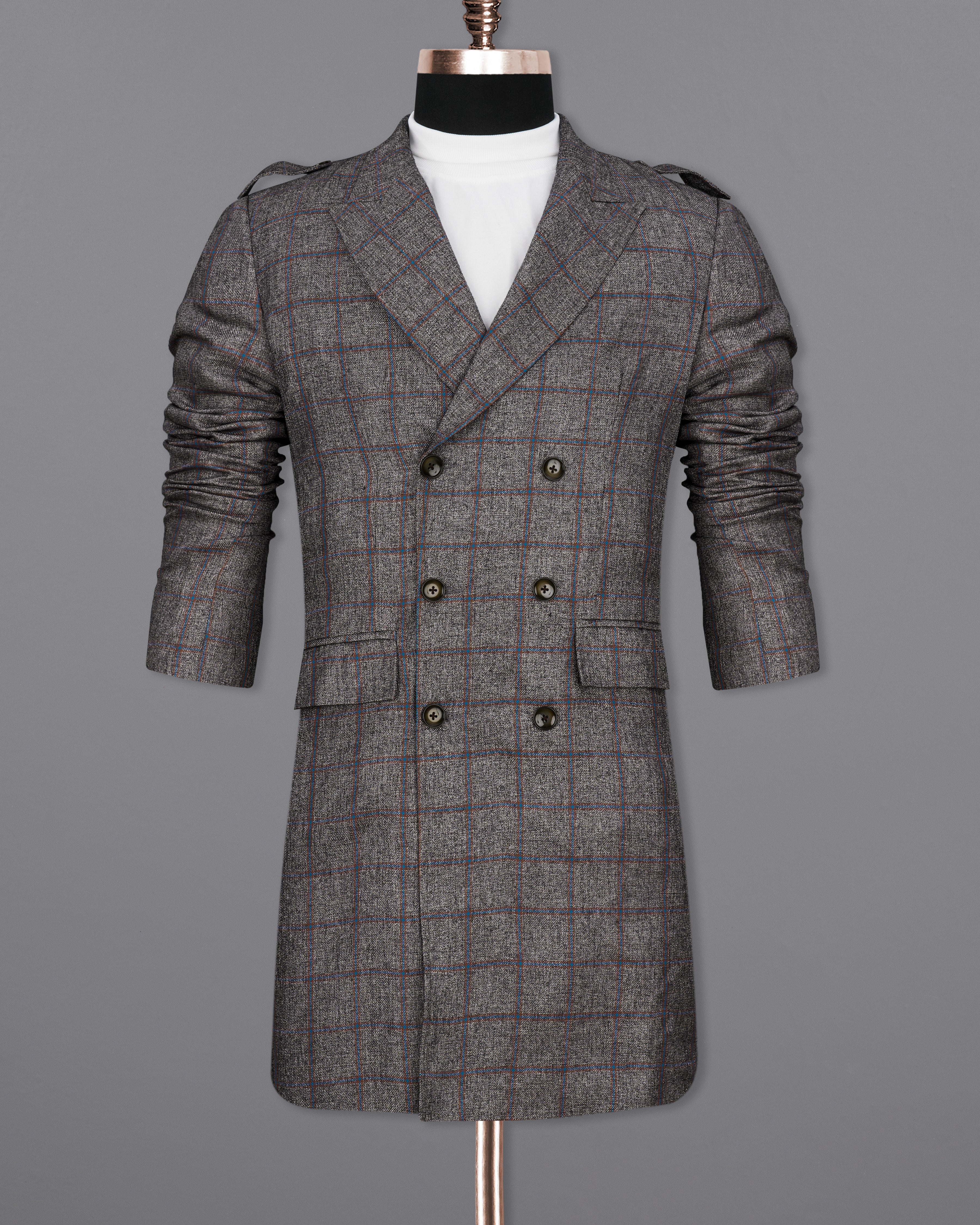 Fuscous Gray Windowpane Double Breasted Designer Trench Coat TCB2320-D202-36, TCB2320-D202-38, TCB2320-D202-40, TCB2320-D202-42, TCB2320-D202-44, TCB2320-D202-46, TCB2320-D202-48, TCB2320-D202-50, TCB2320-D202-52, TCB2320-D202-54, TCB2320-D202-56, TCB2320-D202-58, TCB2320-D202-60