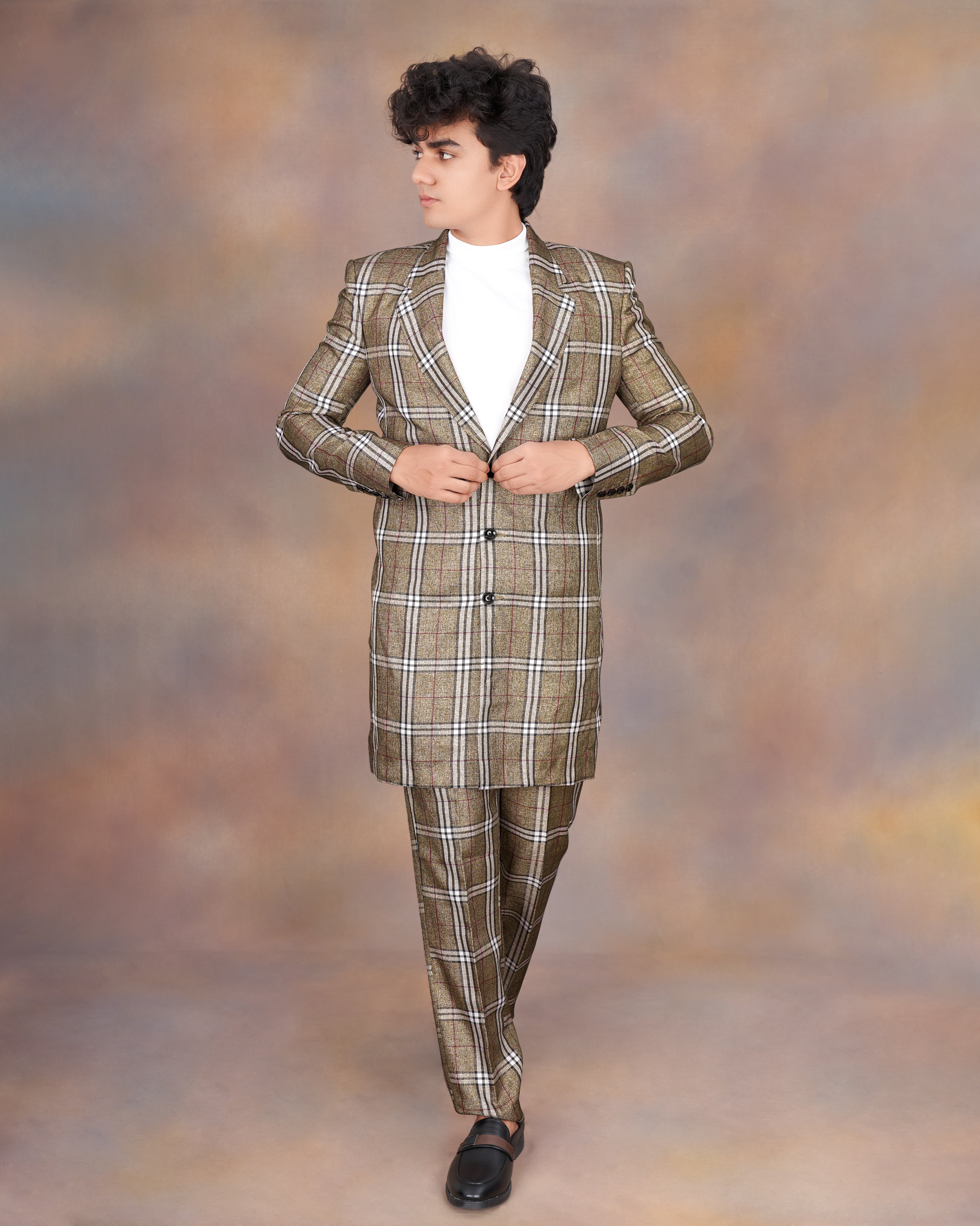 Flax Smoke Brown Plaid Designer Trench Coat with Pant TCPT2319-D200-36, TCPT2319-D200-38, TCPT2319-D200-40, TCPT2319-D200-42, TCPT2319-D200-44, TCPT2319-D200-46, TCPT2319-D200-48, TCPT2319-D200-50, TCPT2319-D200-52, TCPT2319-D200-54, TCPT2319-D200-56, TCPT2319-D200-58, TCPT2319-D200-60