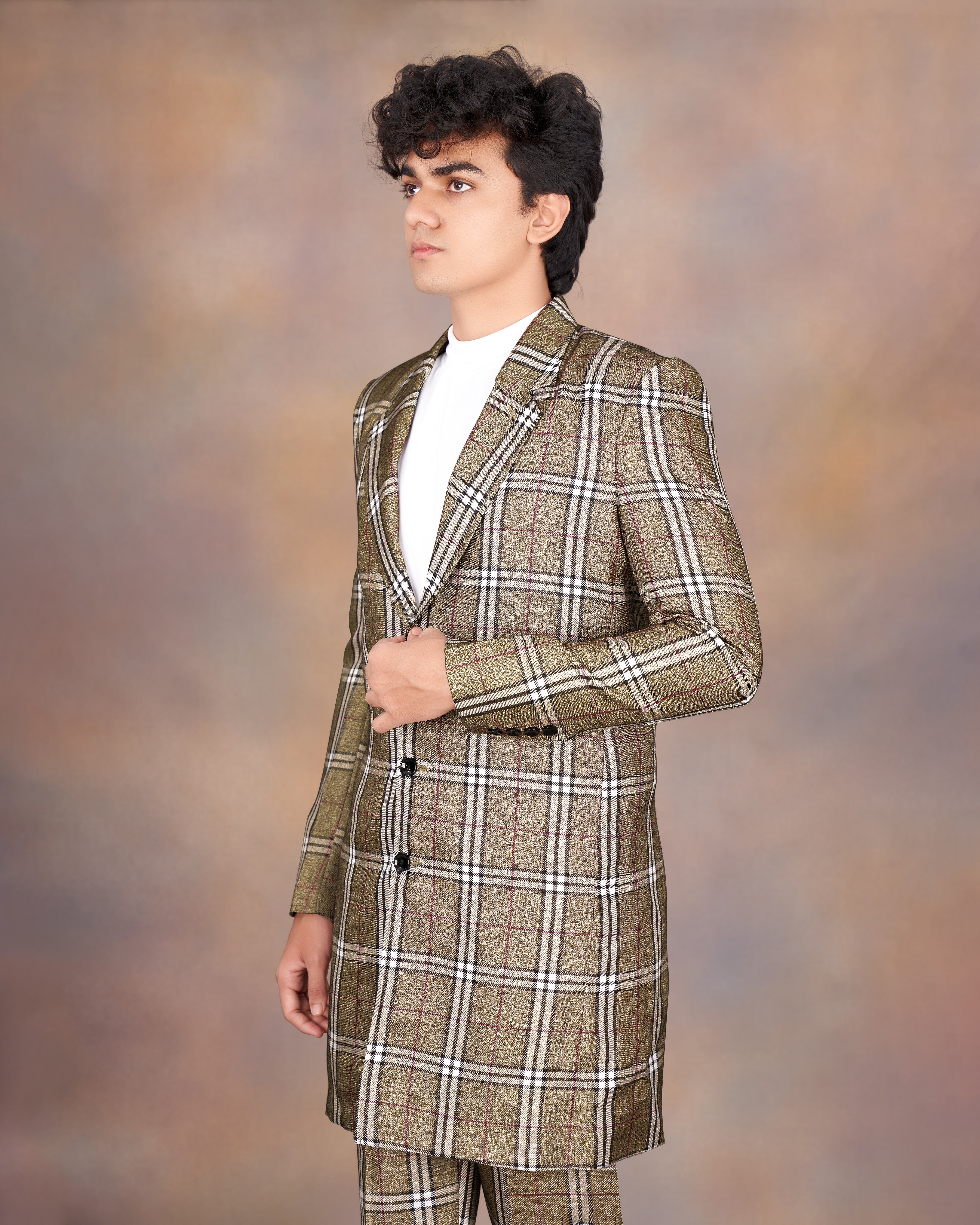 Flax Smoke Brown Plaid Designer Trench Coat with Pant TCPT2319-D200-36, TCPT2319-D200-38, TCPT2319-D200-40, TCPT2319-D200-42, TCPT2319-D200-44, TCPT2319-D200-46, TCPT2319-D200-48, TCPT2319-D200-50, TCPT2319-D200-52, TCPT2319-D200-54, TCPT2319-D200-56, TCPT2319-D200-58, TCPT2319-D200-60