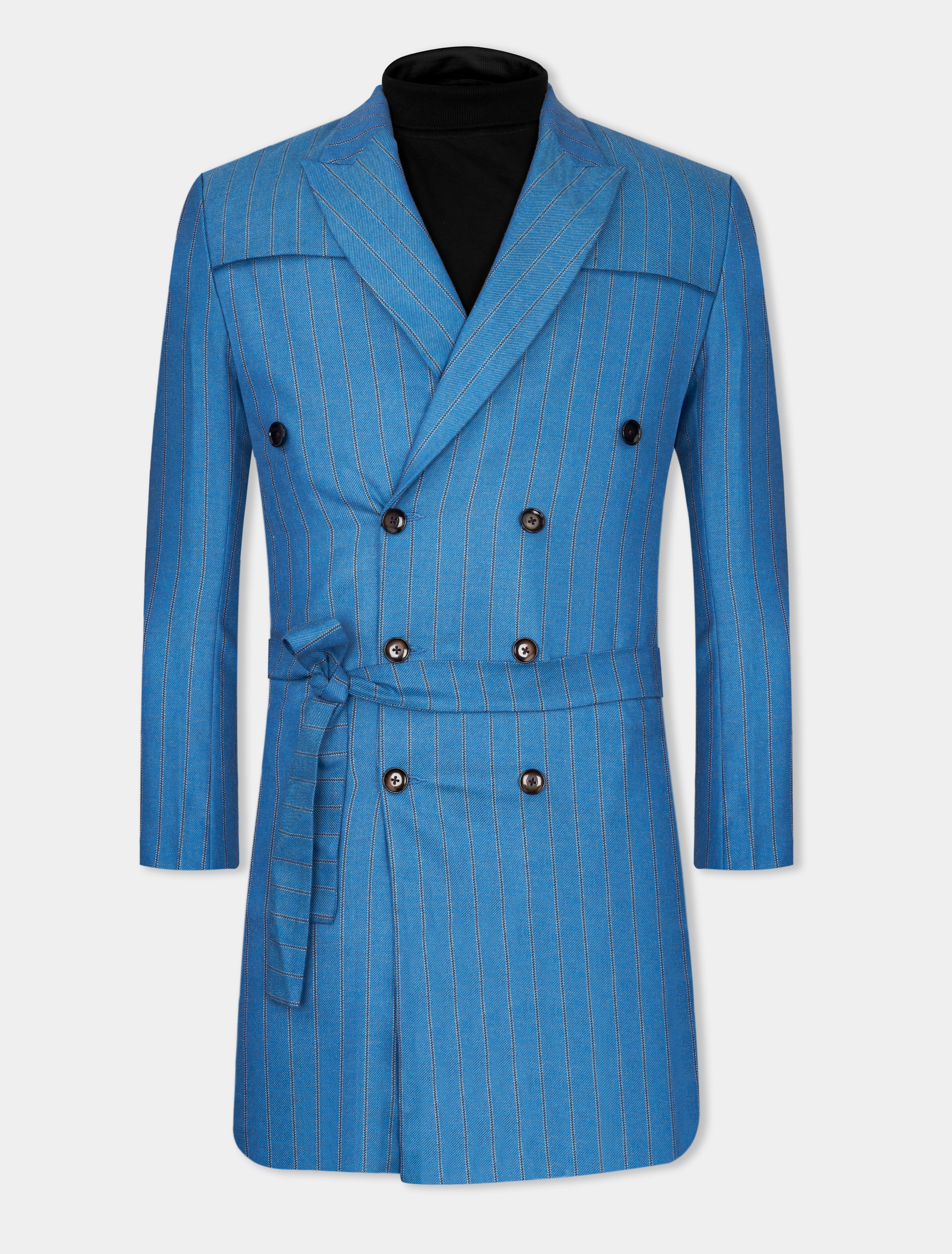 Wedgewood Blue Subtle Striped Double Breasted Tweed Designer Trench Coat With Pant