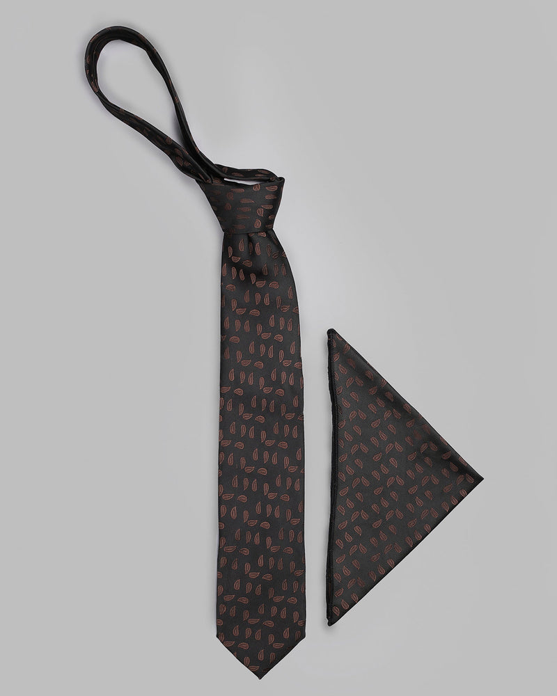 PIANO BLACK WITH BROWN PAISLEYS JACQUARD PATTERNED TIE AND POCKET SQUARE