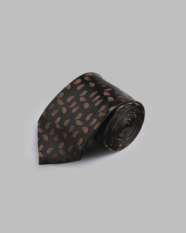 Piano Black with brown Paisleys Jacquard Patterned Tie and Pocket Square