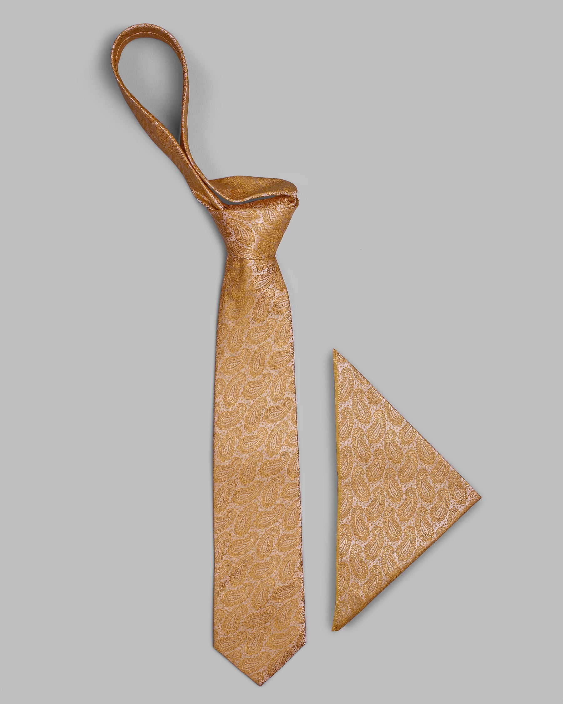 Vanilla and Harvest Gold Paisley Patterned Tie With Pocket Square TP27
