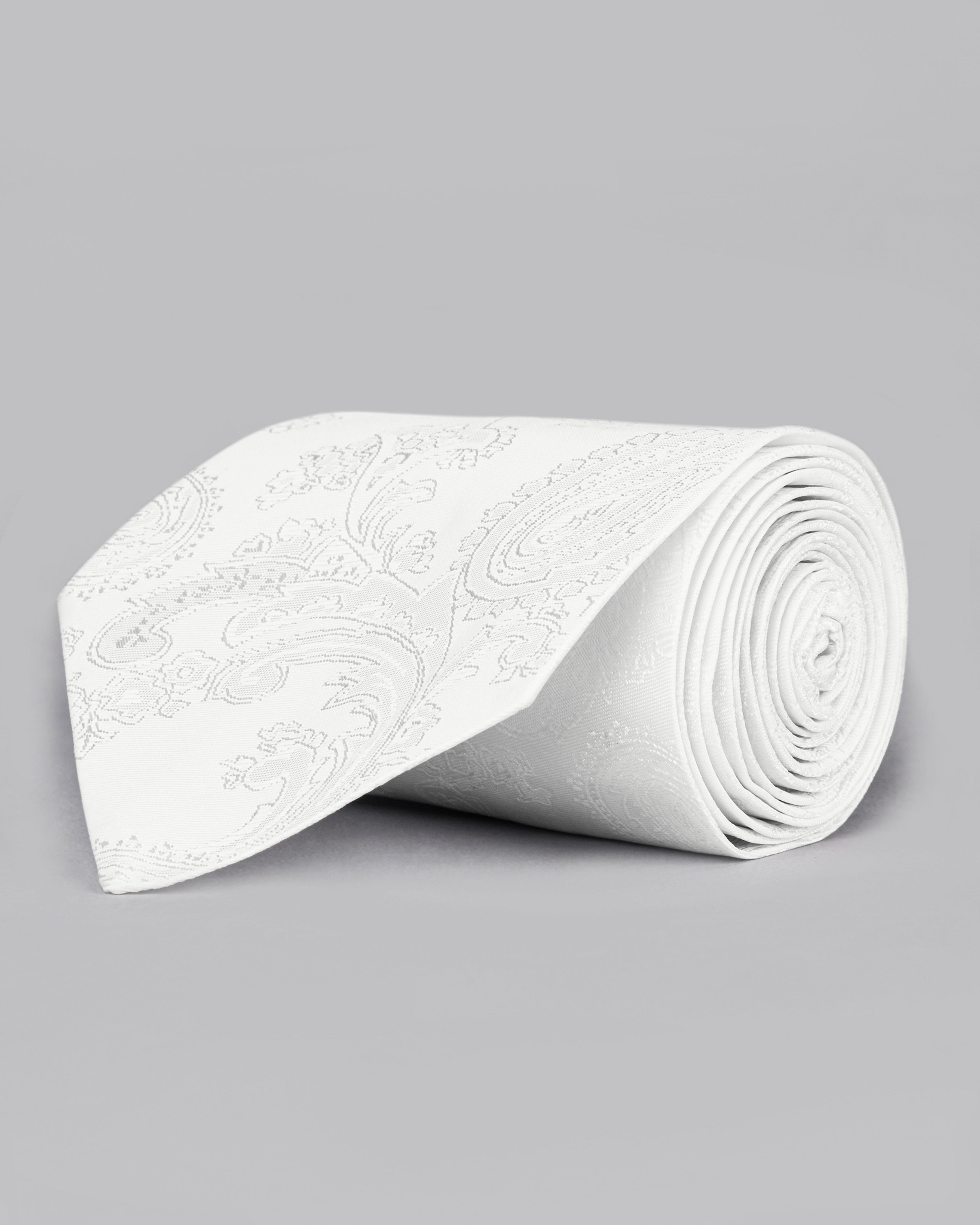 Bright White Paisley Jacquard Tie with Free Pocket square