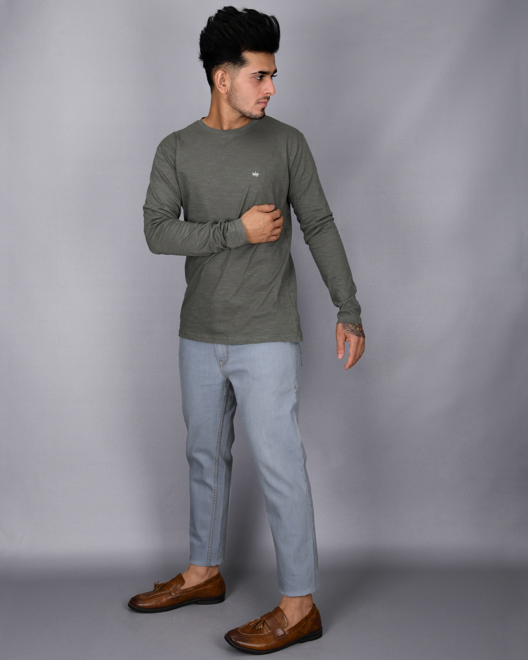 Fossil Grey Slubbed Full-Sleeve Super soft Supima Organic Cotton Jersey T-shirt TS145-S, TS145-M, TS145-L, TS145-XL, TS145-XXL