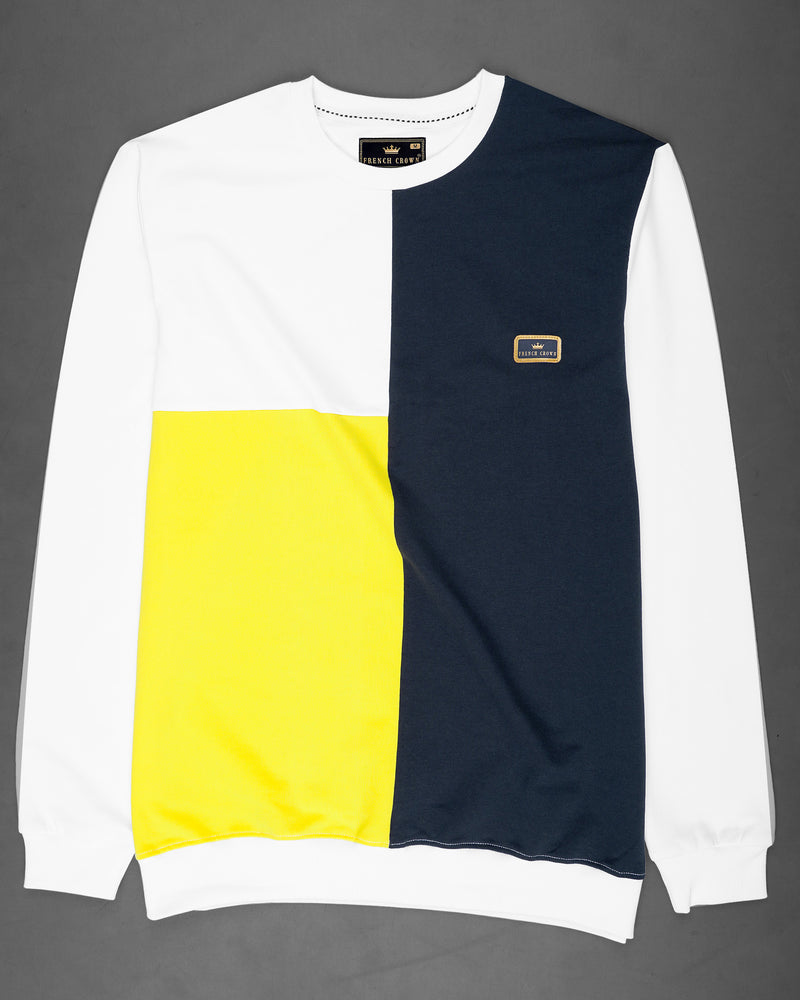BRIGHT WHITE WITH MIRAGE NAVY BLUE AND AUREOLIN YELLOW COLOUR BLOCK SWEATSHIRT