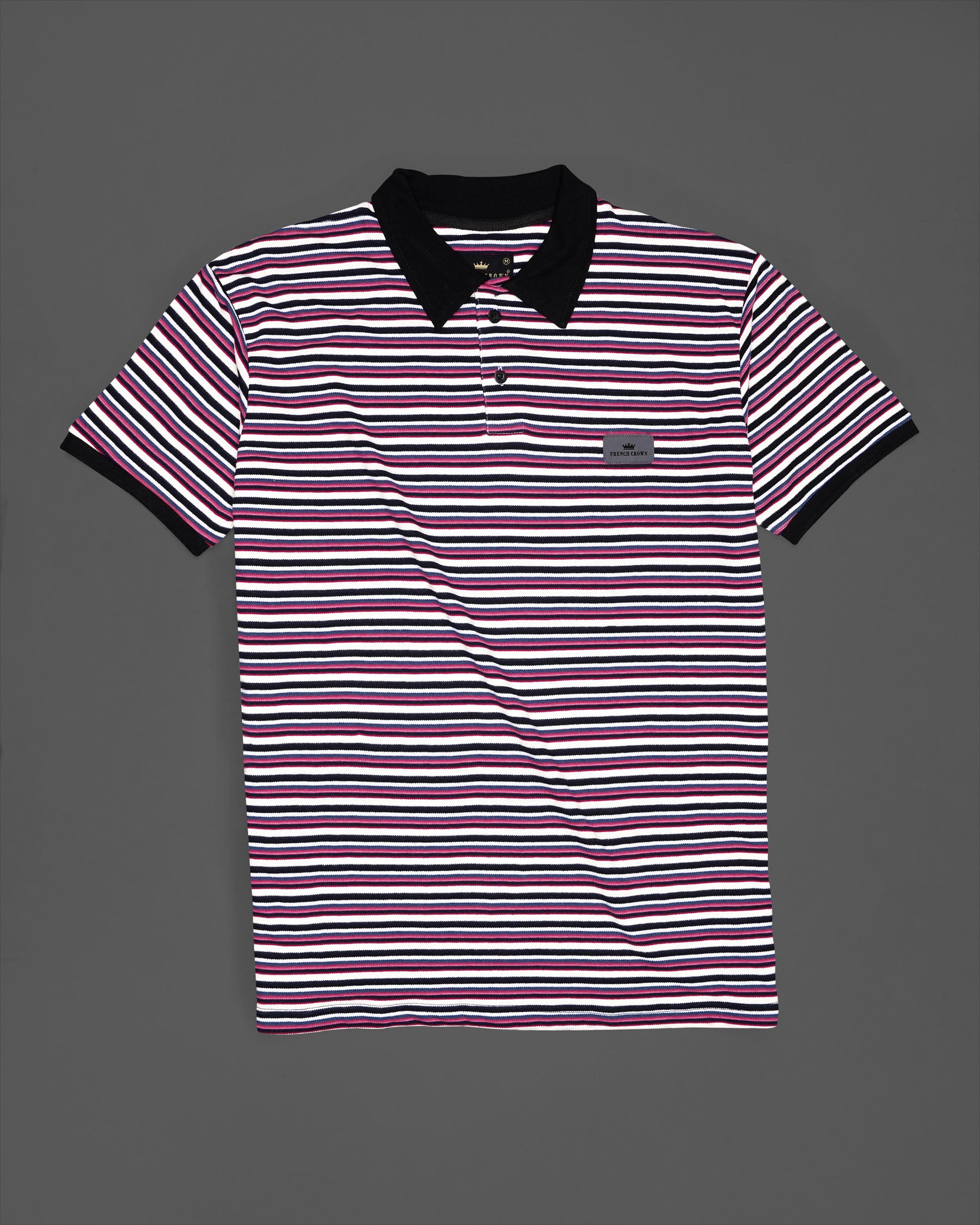 Bright White with Black and Hibiscus Pink Striped Super Soft Organic Pique Polo TS604-S, TS604-M, TS604-L, TS604-XL, TS604-XXL, TS604-3XL, TS604-4XL