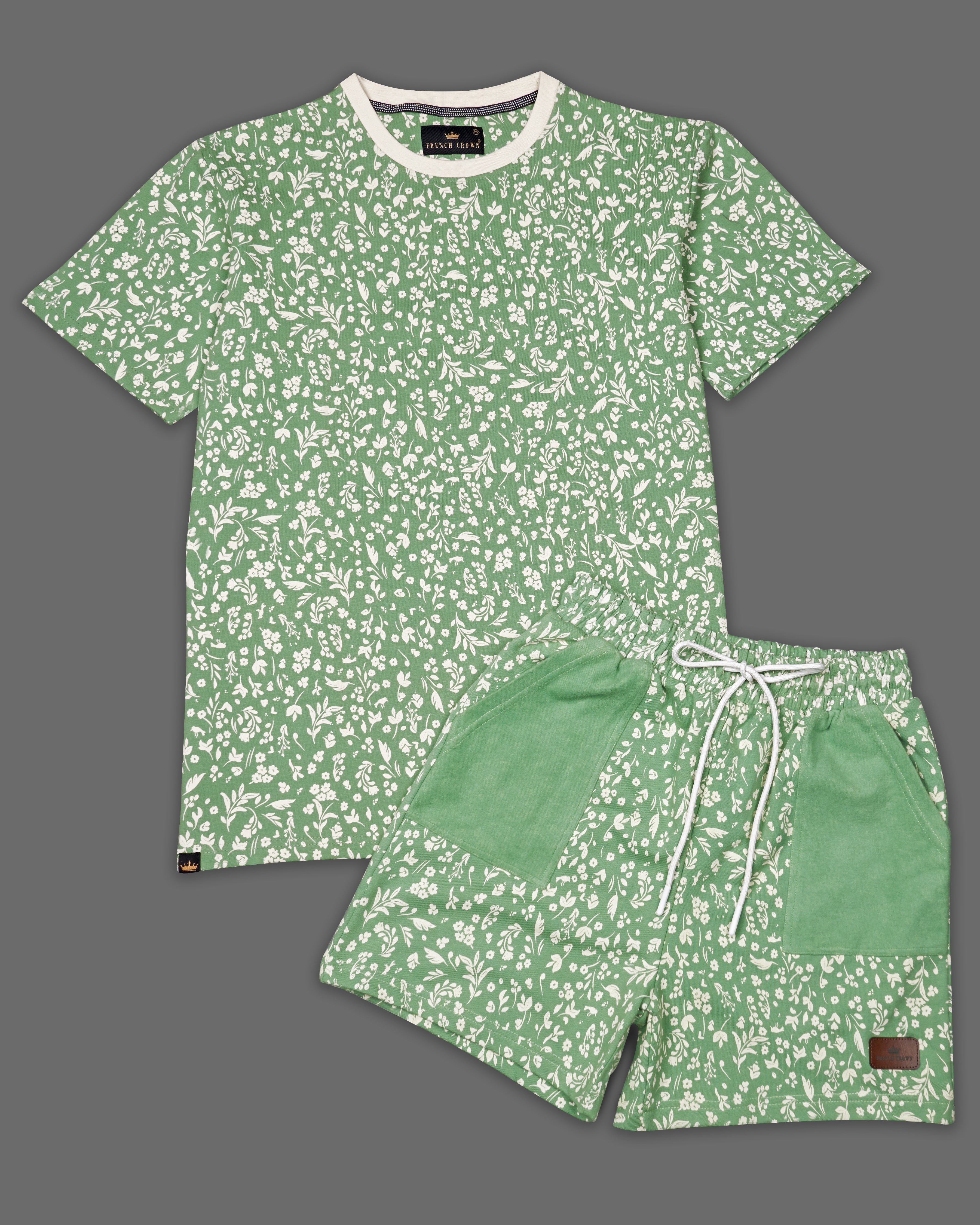 Lichen Green Ditsy Printed Organic Cotton T-shirt with Premium Cotton Shorts Combo TS660-SR184-S, TS660-SR184-M, TS660-SR184-L, TS660-SR184-XL, TS660-SR184-XXL