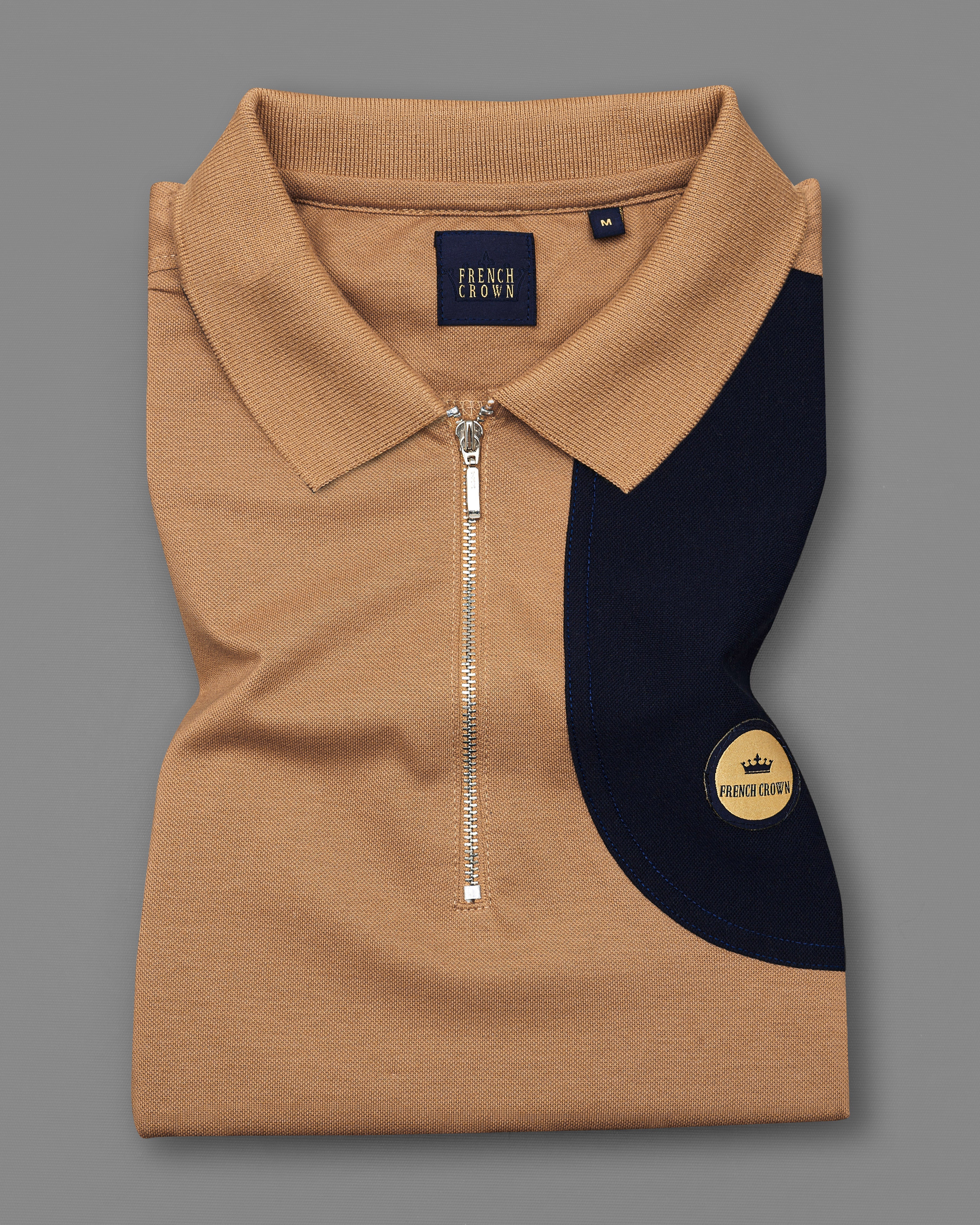 Muesli Brown with Navy Blue Patch work Organic Cotton Pique Polo TS751-S, TS751-M, TS751-L, TS751-XL, TS751-XXL