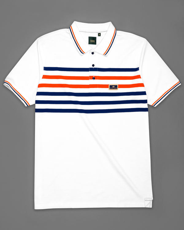 Bright White Multicolour Thick Striped Organic Cotton Mercerised Pique Polo