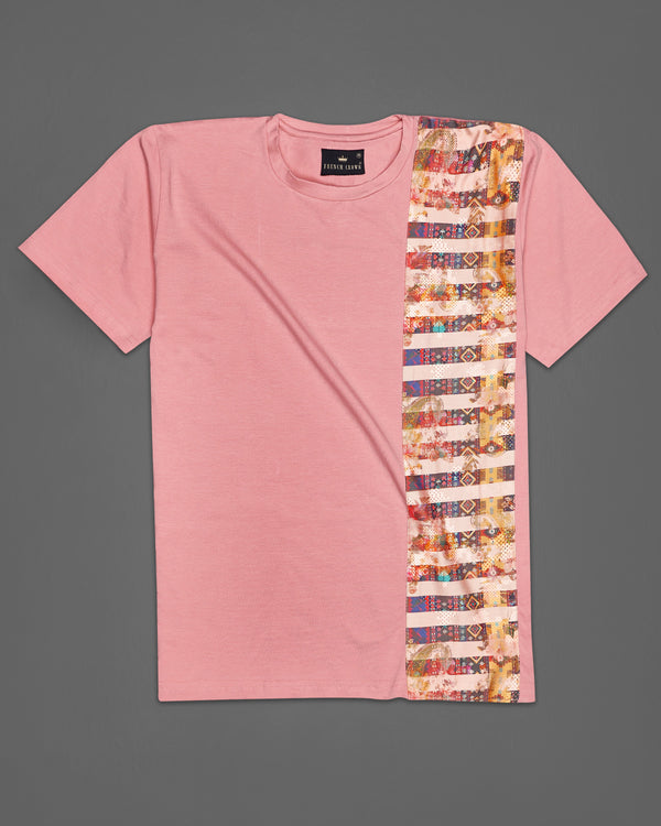 Sherbet Pink with Multicolour Patchwork Organic Designer T-shirt TS007-W02-S, TS007-W02-M, TS007-W02-L, TS007-W02-XL, TS007-W02-XXL