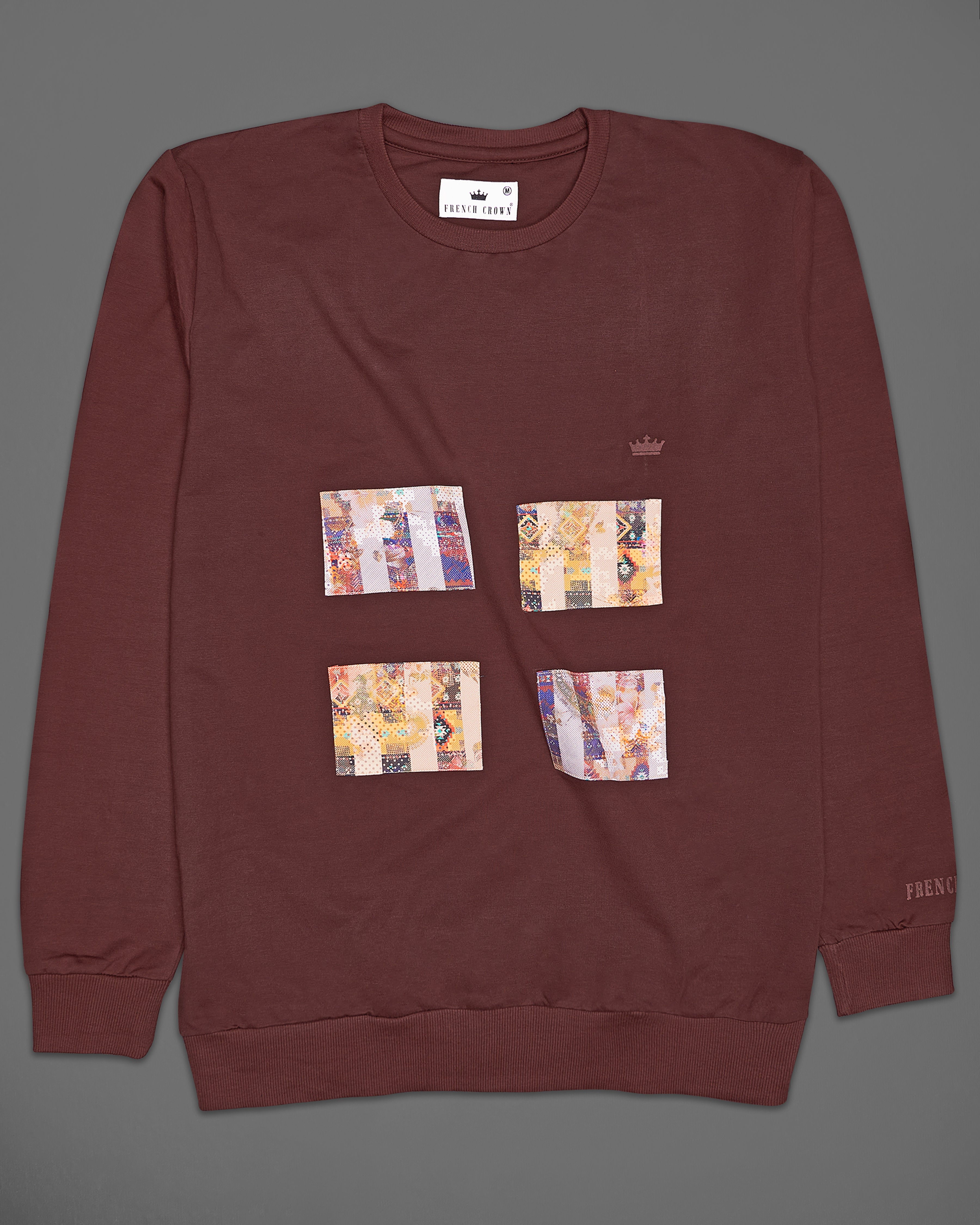 Taupe Brown Multicolour Patchwork Premium Cotton Designer Sweatshirt TS058-W01-S, TS058-W01-M, TS058-W01-L, TS058-W01-XL, TS058-W01-XXL