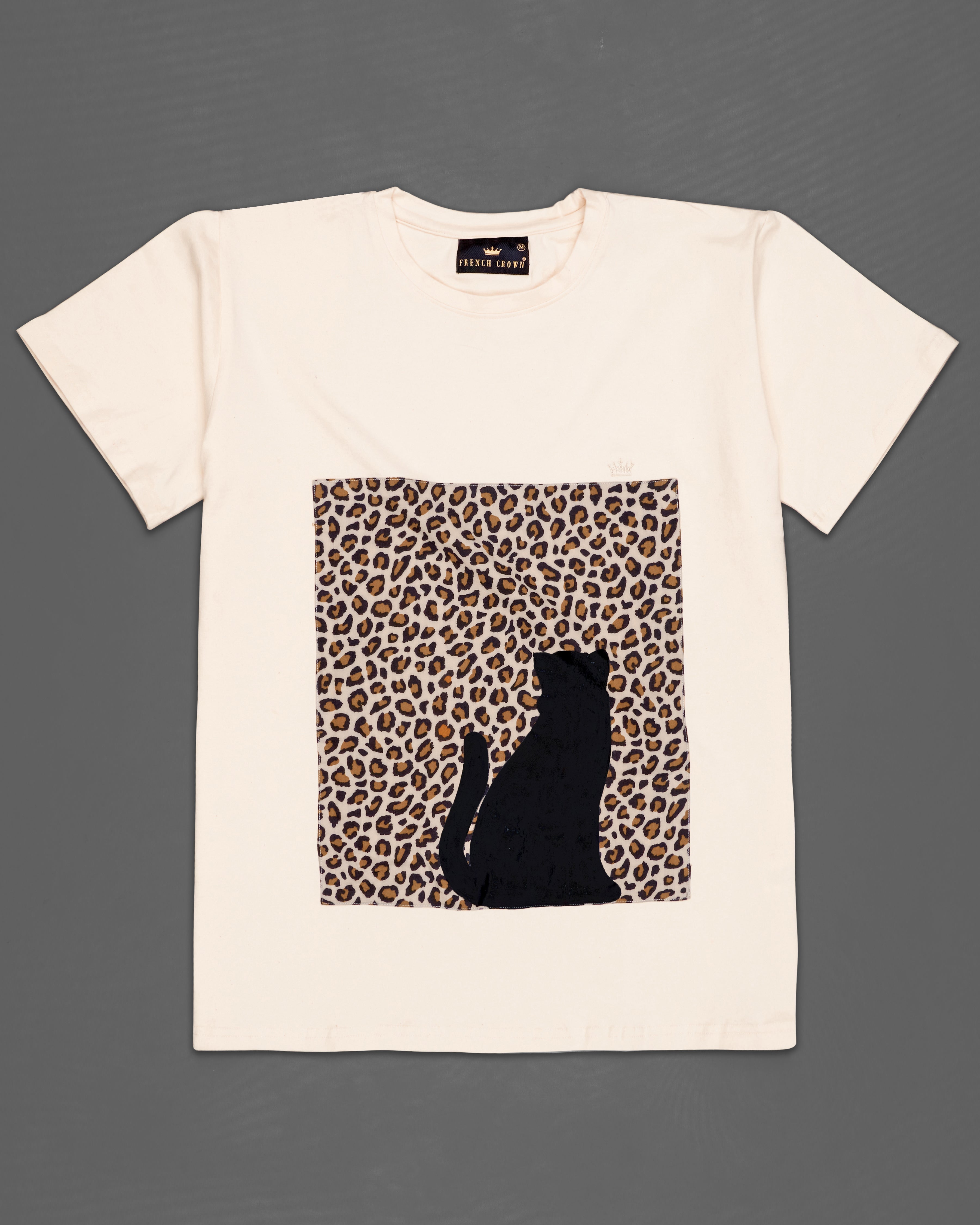 Serenade Cream Hand Painted with Digitally Printed Leopard Striped Organic Cotton T-Shirt TS069-W01-S, TS069-W01-M, TS069-W01-L, TS069-W01-XL, TS069-W01-XXL