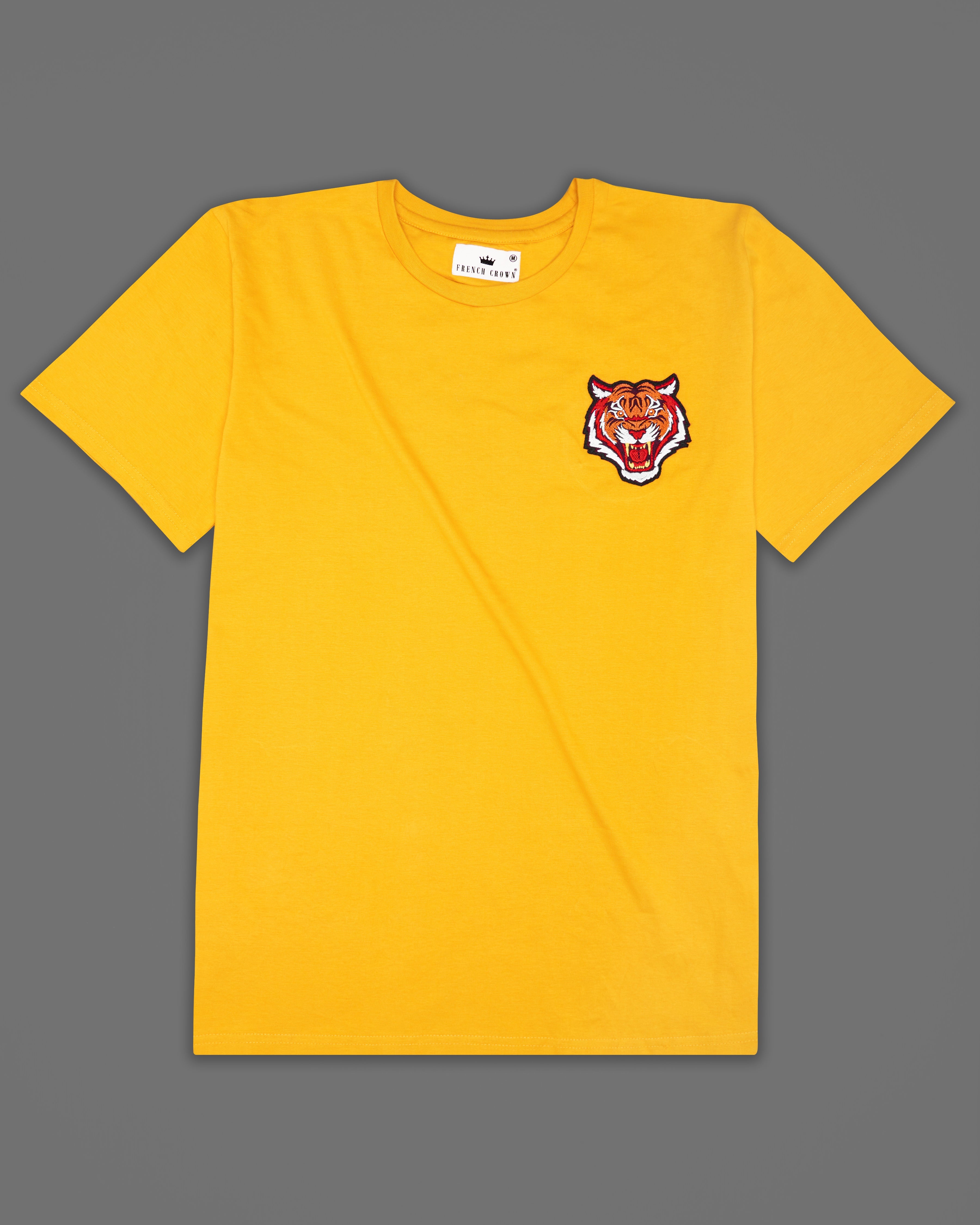 Sandstorm Yellow Tiger Embroidered Organic Cotton T-shirt TS070-W03-S, TS070-W03-M, TS070-W03-L, TS070-W03-XL, TS070-W03-XXL