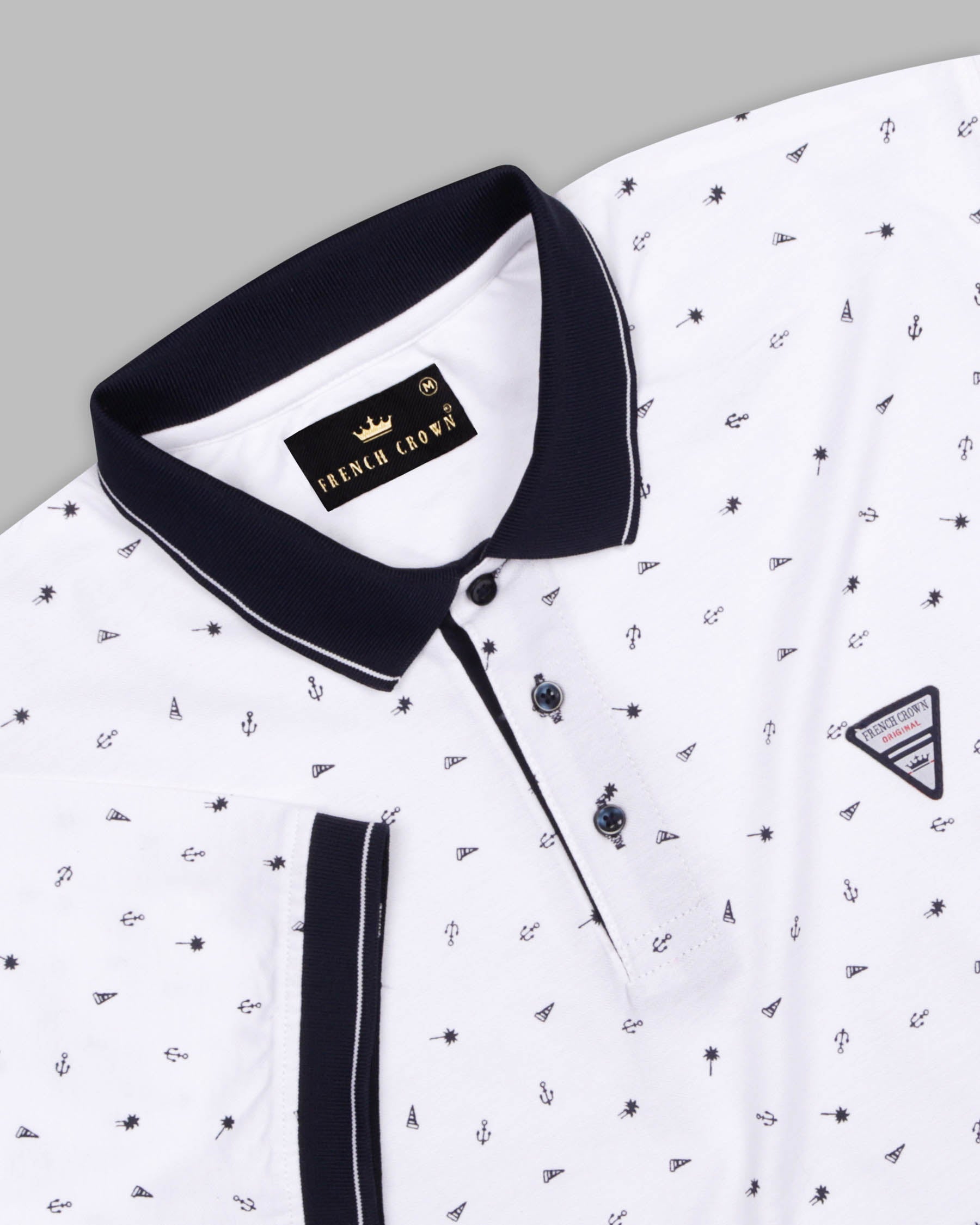 Bright White Printed with Navy Contrast Collar Premium Cotton Polo TS295-S, TS295-M, TS295-L, TS295-XL, TS295-XXL