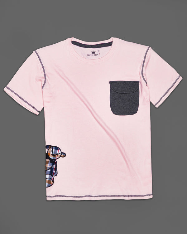 Pinocchio Pink Patch Work with Teddy Embroidered Premium Cotton Designer T-shirt TS414-W01-S, TS414-W01-M, TS414-W01-L, TS414-W01-XL, TS414-W01-XXL