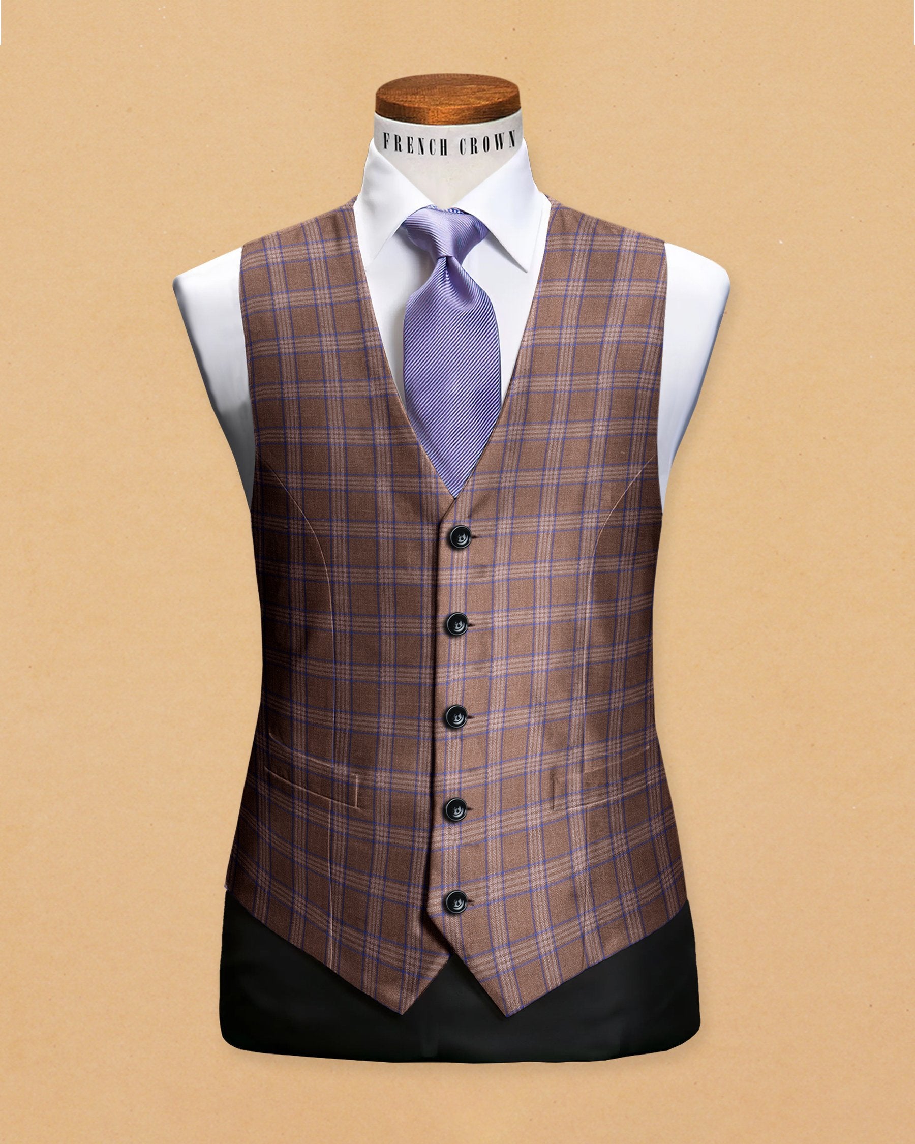 Tawny Khaki with blue Windowpane Wool Blend Waistcoat