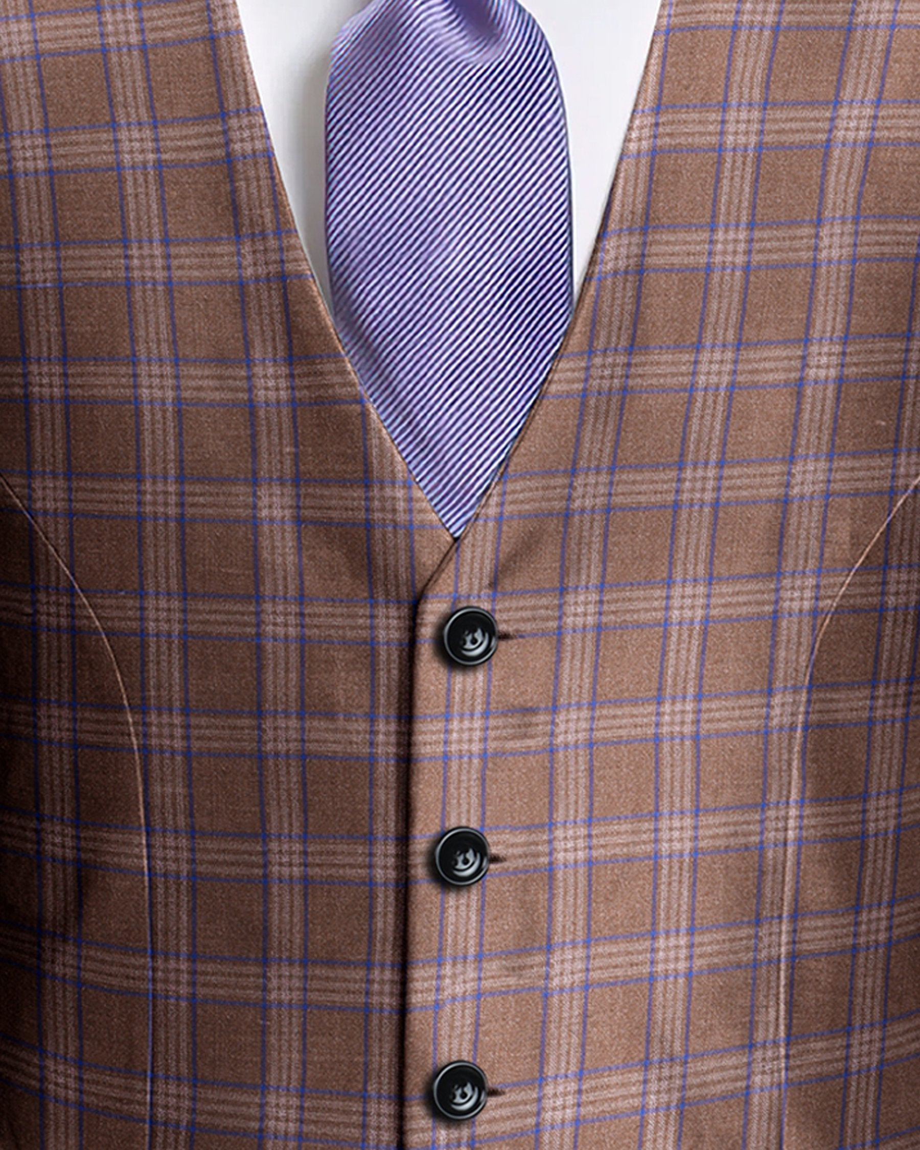 Tawny Khaki with blue Windowpane Wool Blend Waistcoat