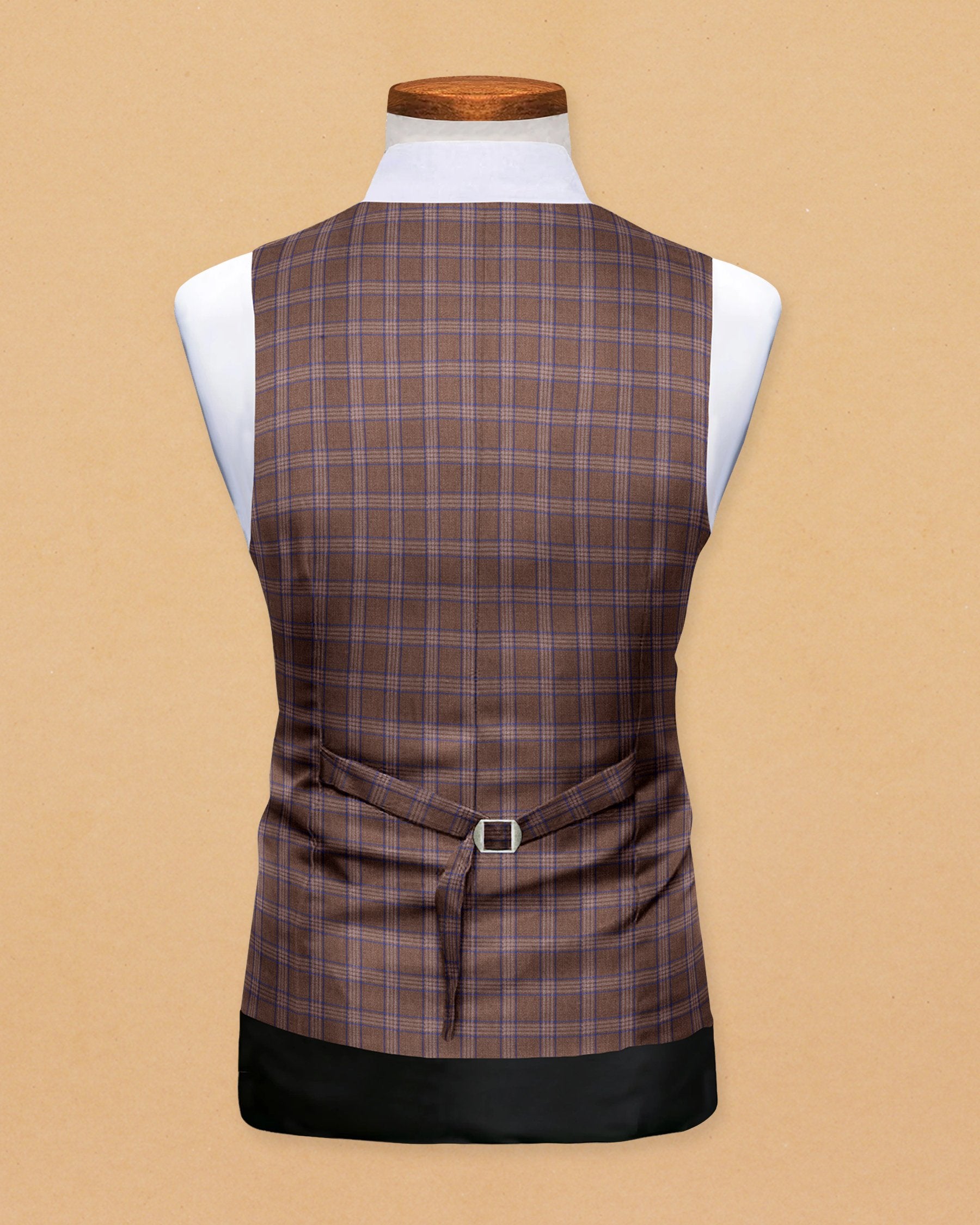 Tawny Khaki with blue Windowpane Wool Blend Waistcoat