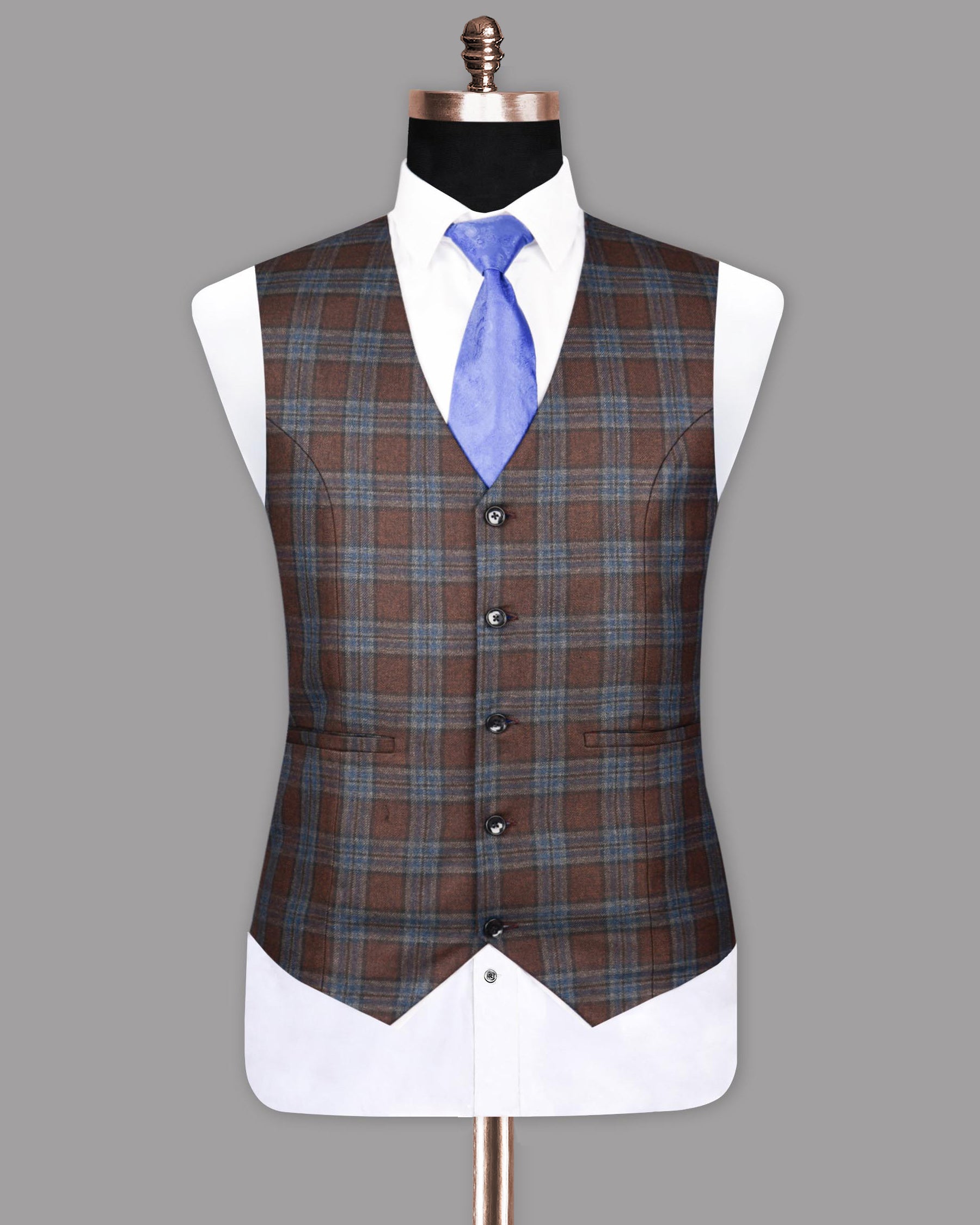 Wood Bark Brown with Port Gore Blue Plaid Waistcoat V1110-44, V1110-46, V1110-50, V1110-52, V1110-36, V1110-40, V1110-48, V1110-58, V1110-56, V1110-60, V1110-38, V1110-42, V1110-54