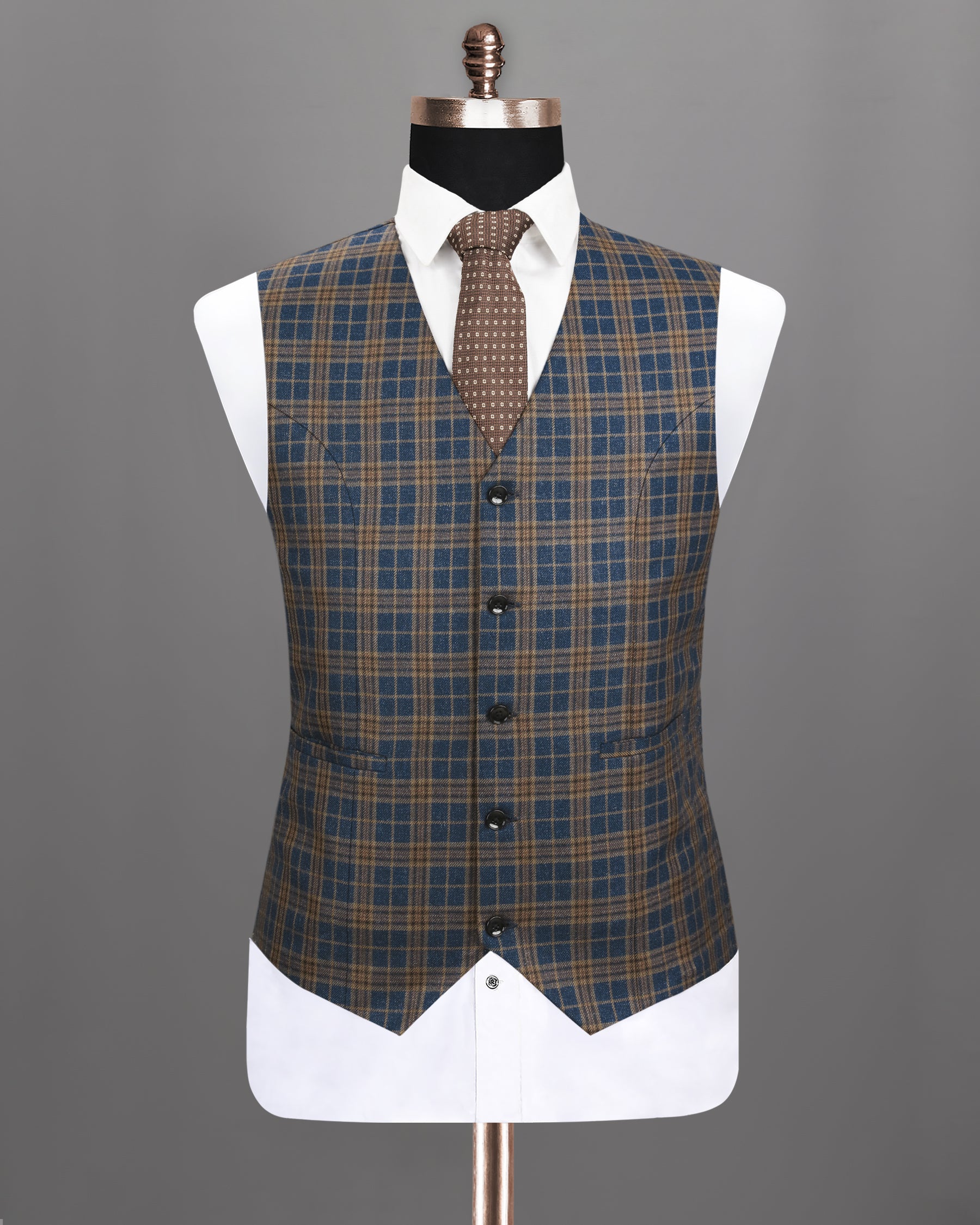 Cornflower Blue with Sandal Brown Plaid Wool Rich Waistcoat V1189-46, V1189-50, V1189-52, V1189-54, V1189-36, V1189-38, V1189-42, V1189-48, V1189-58, V1189-40, V1189-44, V1189-56, V1189-60