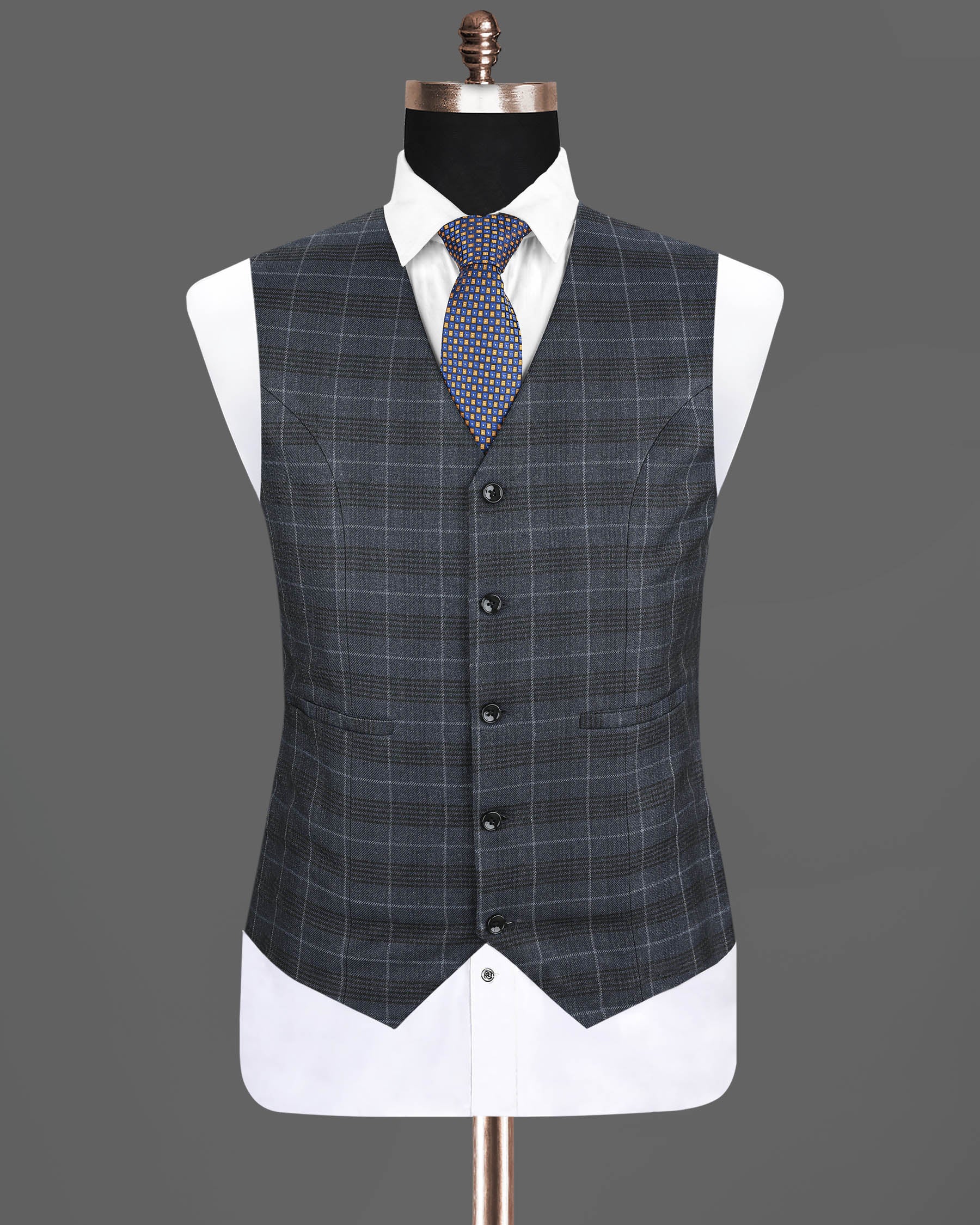 Tuna Blue Checked Luxurious Wool Rich Waistcoat V1210-36, V1210-38, V1210-40, V1210-42, V1210-48, V1210-44, V1210-46, V1210-50, V1210-52, V1210-54, V1210-56, V1210-58, V1210-60