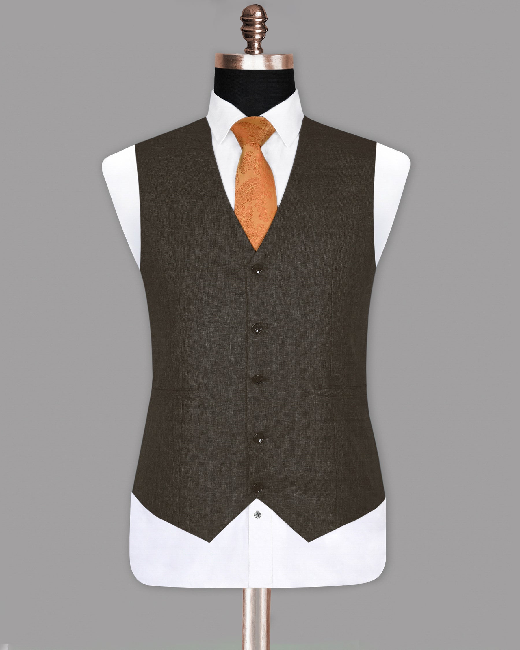 Brown Subtle Plaid Wool Blend Double Breasted Waistcoat