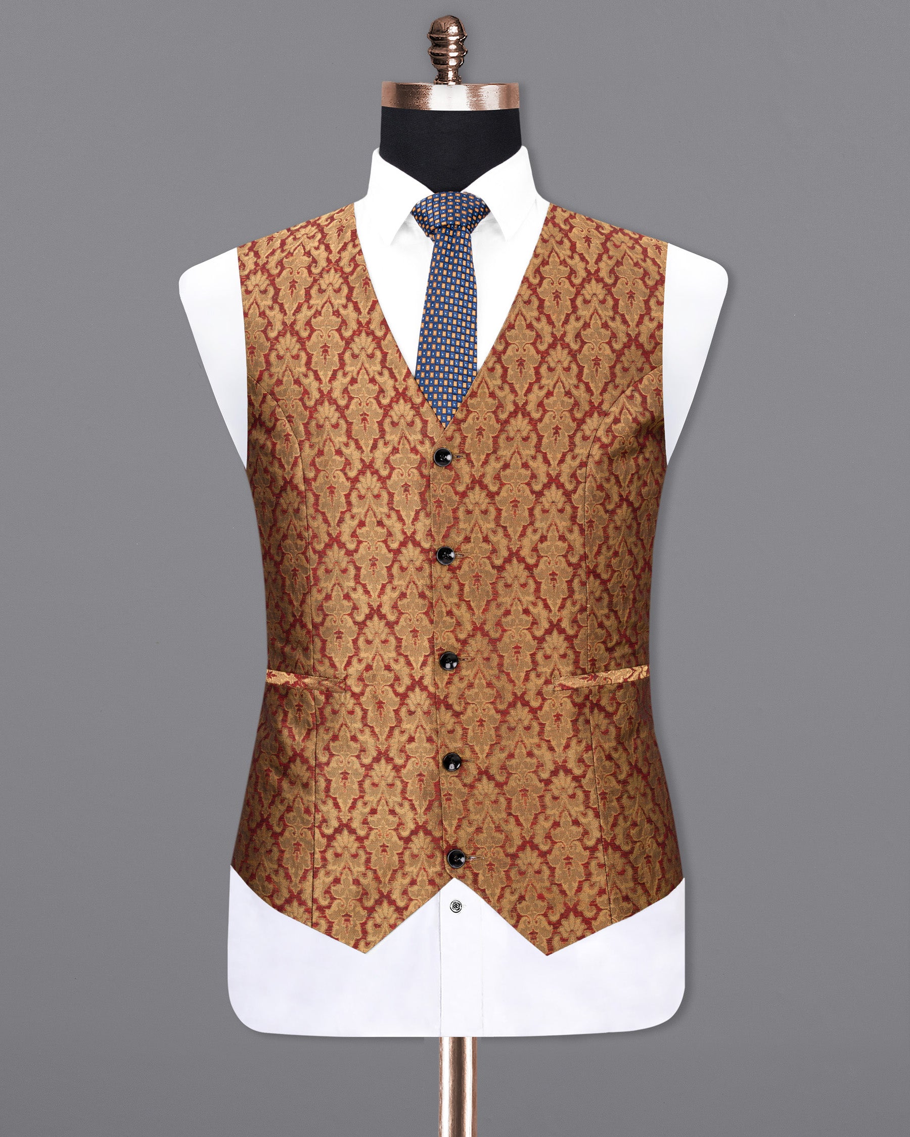 Vivid Auburm and Golden Jacquard Textured Waistcoat V1679-36, V1679-38, V1679-40, V1679-42, V1679-44, V1679-46, V1679-48, V1679-50, V1679-52, V1679-54, V1679-56, V1679-58, V1679-60