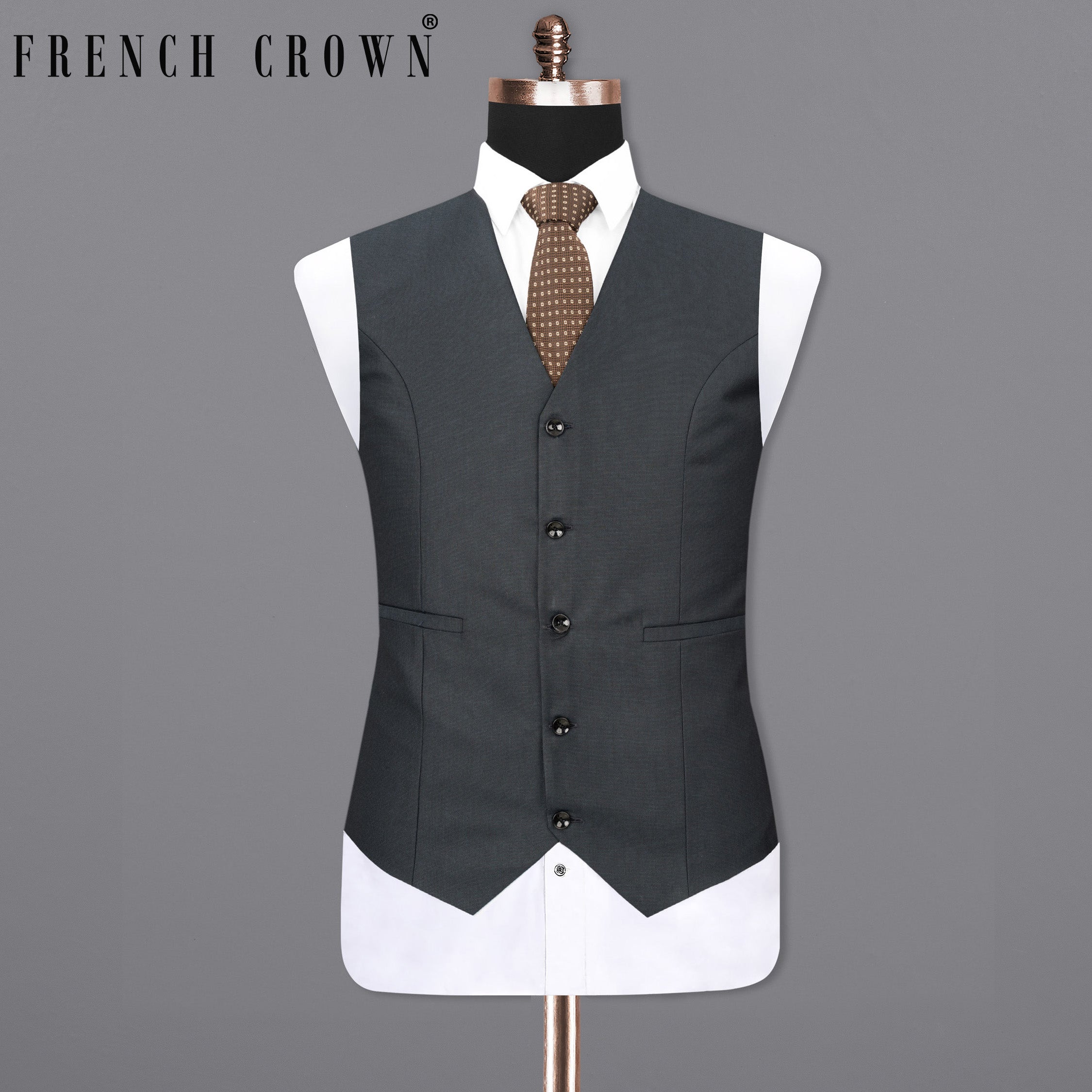 Outer Space Gray Textured Premium Terry-Rayon Waistcoats For Men