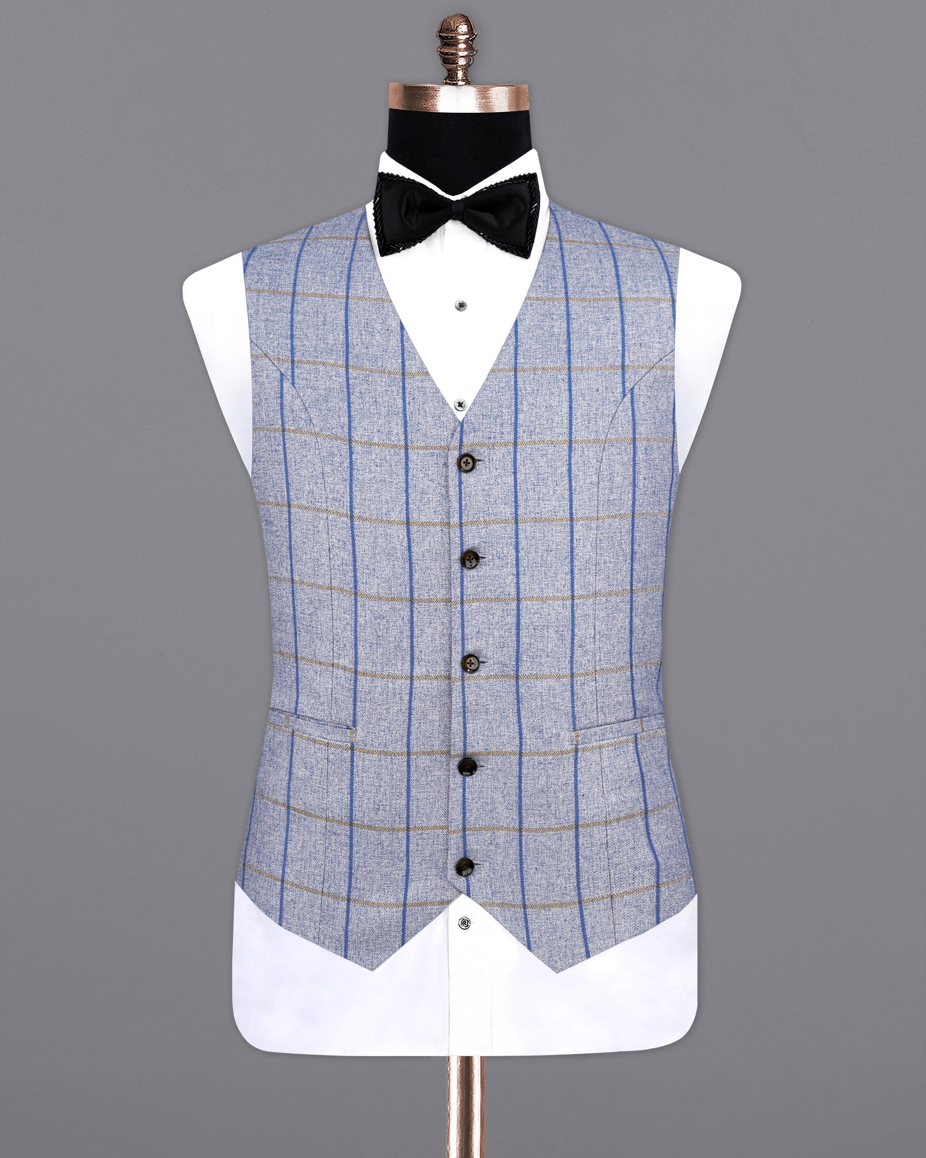 Mobster Blue Checkered Double Breasted Black Lapel Designer Waistcoat V2150-36, V2150-38, V2150-40, V2150-42, V2150-44, V2150-46, V2150-48, V2150-50, V2150-52, V2150-54, V2150-56, V2150-58, V2150-60