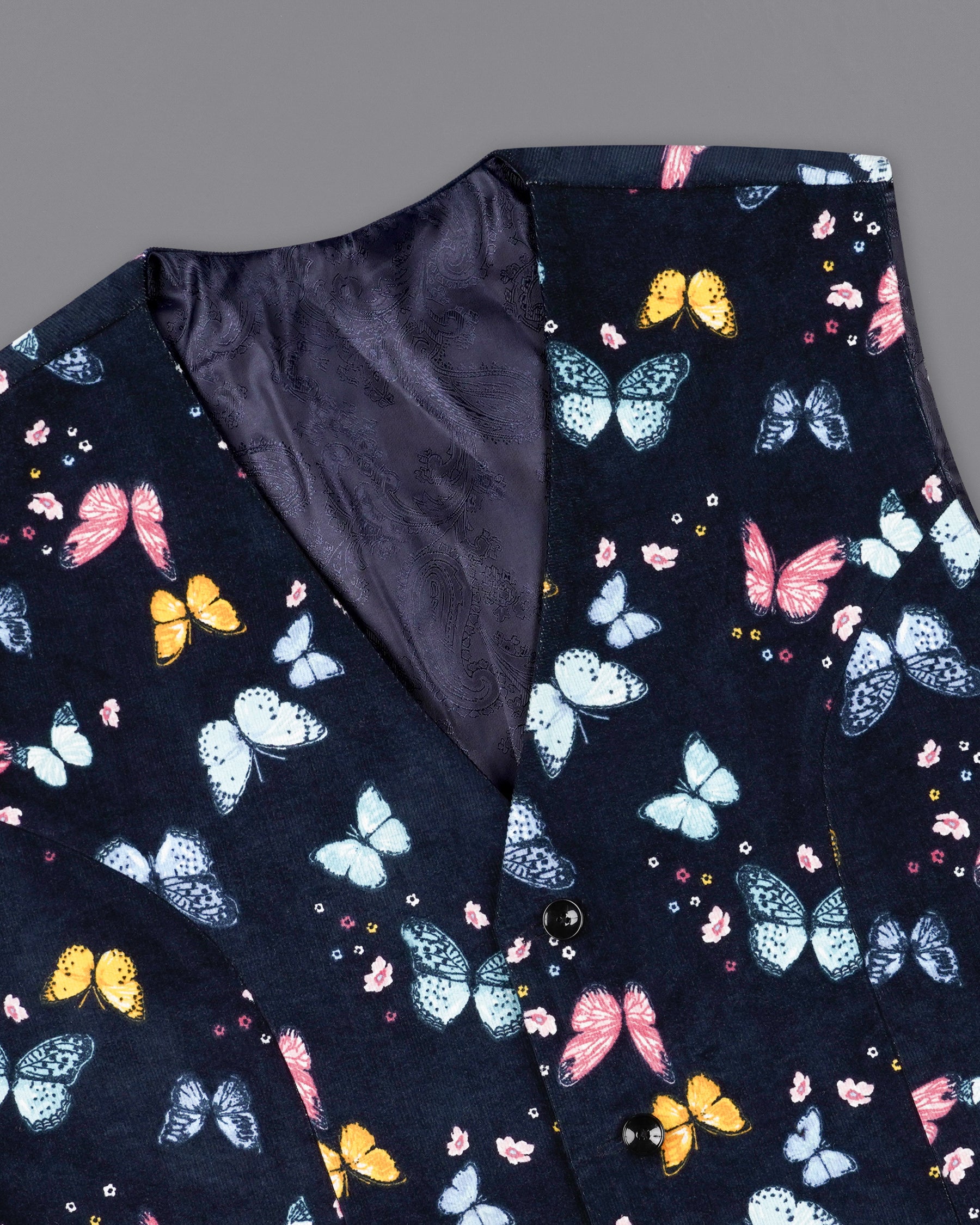 Cider Navy Blue Butterfly Printed Premium Waistcoat V2156-36, V2156-38, V2156-40, V2156-42, V2156-44, V2156-46, V2156-48, V2156-50, V2156-52, V2156-54, V2156-56, V2156-58, V2156-60