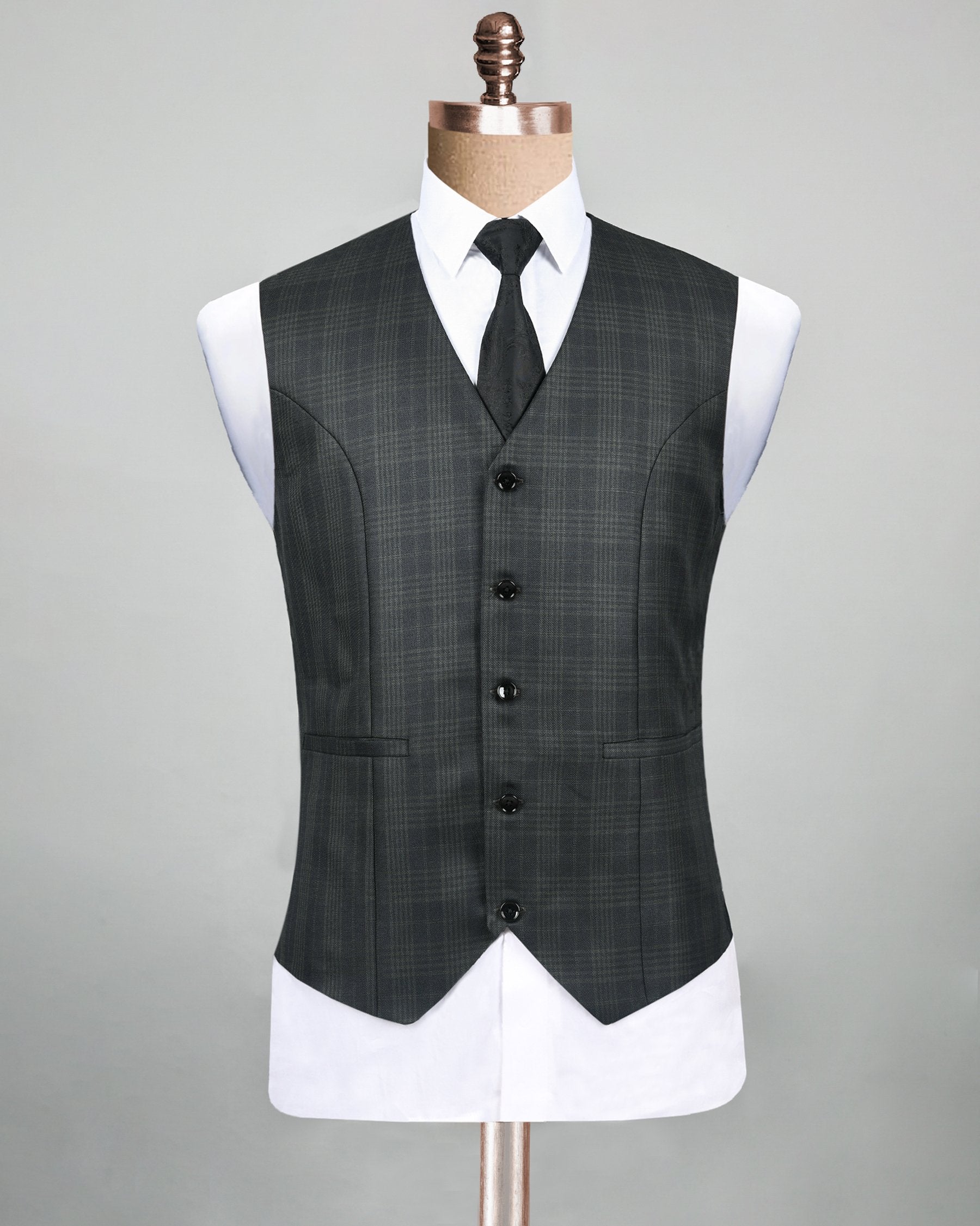 Charcoal with Green plaid Wool blend Waistcoat V84-52, V84-54, V84-58, V84-42, V84-44, V84-46, V84-36, V84-38, V84-40, V84-48, V84-50, V84-56, V84-60