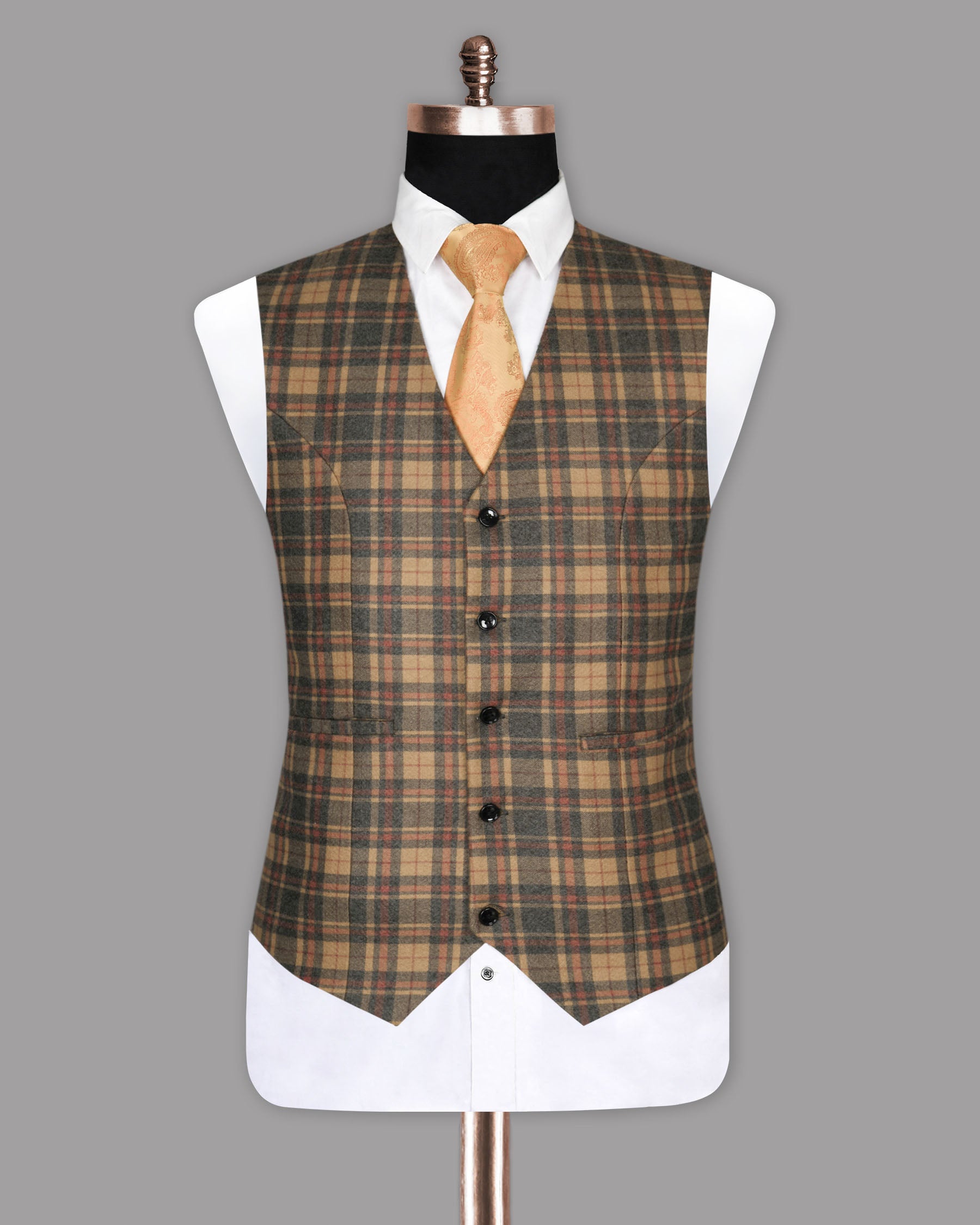 Charcoal with Orange and Red Plaid Flannel Wool Rich Waistcoat V858-42, V858-44, V858-46, V858-48, V858-50, V858-54, V858-56, V858-36, V858-38, V858-40, V858-60, V858-52, V858-58