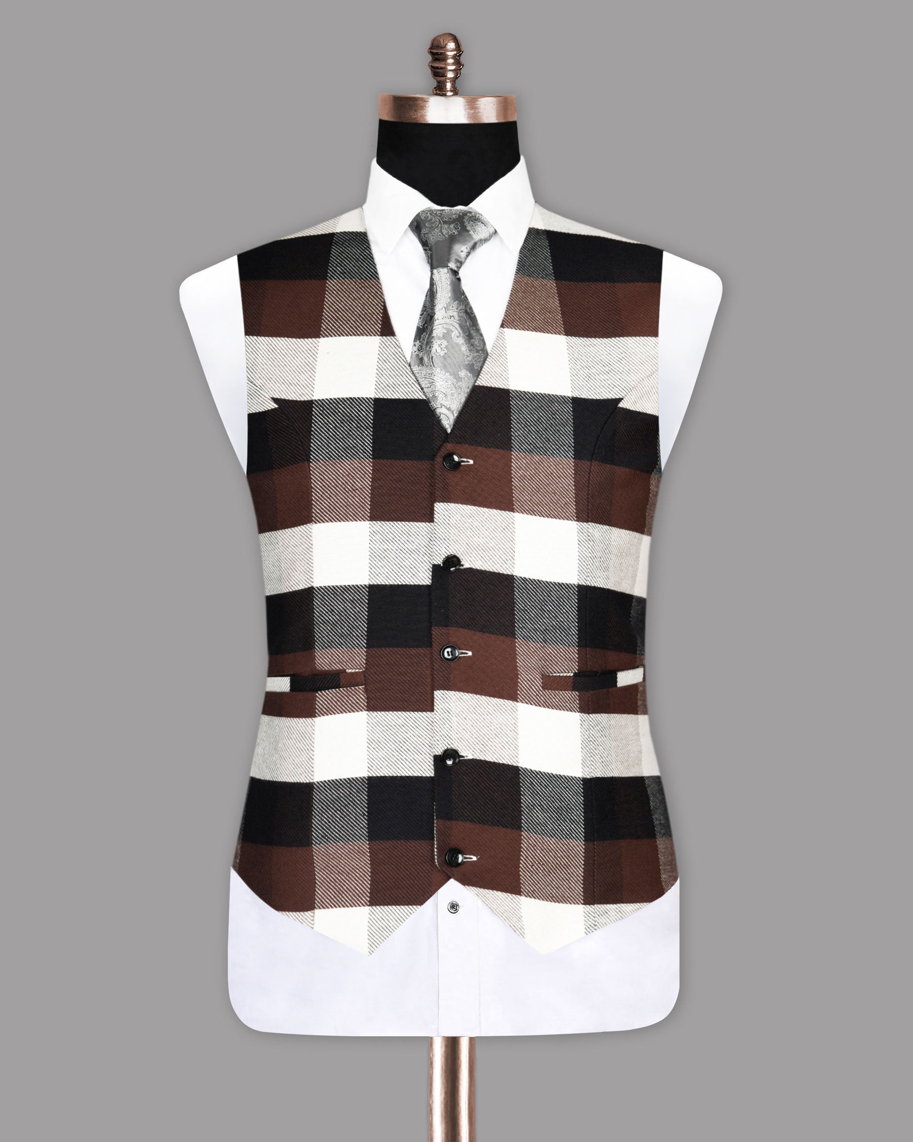 Brown with Black and Beige Checked Premium Cotton Waistcoat V860-38, V860-40, V860-42, V860-44, V860-46, V860-48, V860-50, V860-52, V860-54, V860-56, V860-58, V860-60, V860-36