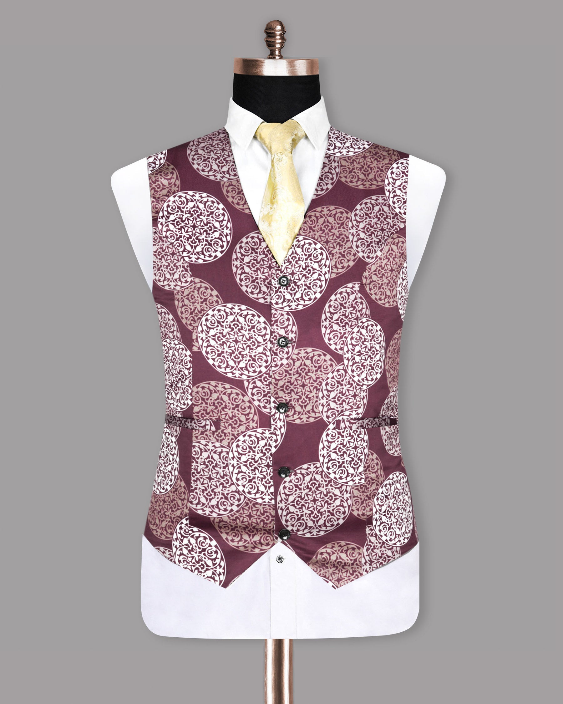 Burgundy Chakra Printed Designer Waistcoat V912-38, V912-56, V912-36, V912-54, V912-40, V912-42, V912-48, V912-50, V912-60, V912-44, V912-46, V912-52, V912-58