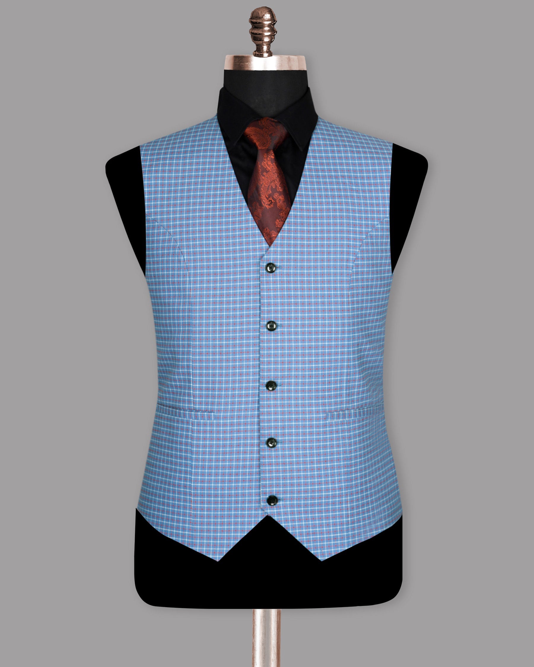 Sky with Red and White Micro Windowpane Waistcoat V966-54, V966-50, V966-52, V966-56, V966-36, V966-38, V966-48, V966-58, V966-40, V966-42, V966-44, V966-46, V966-60