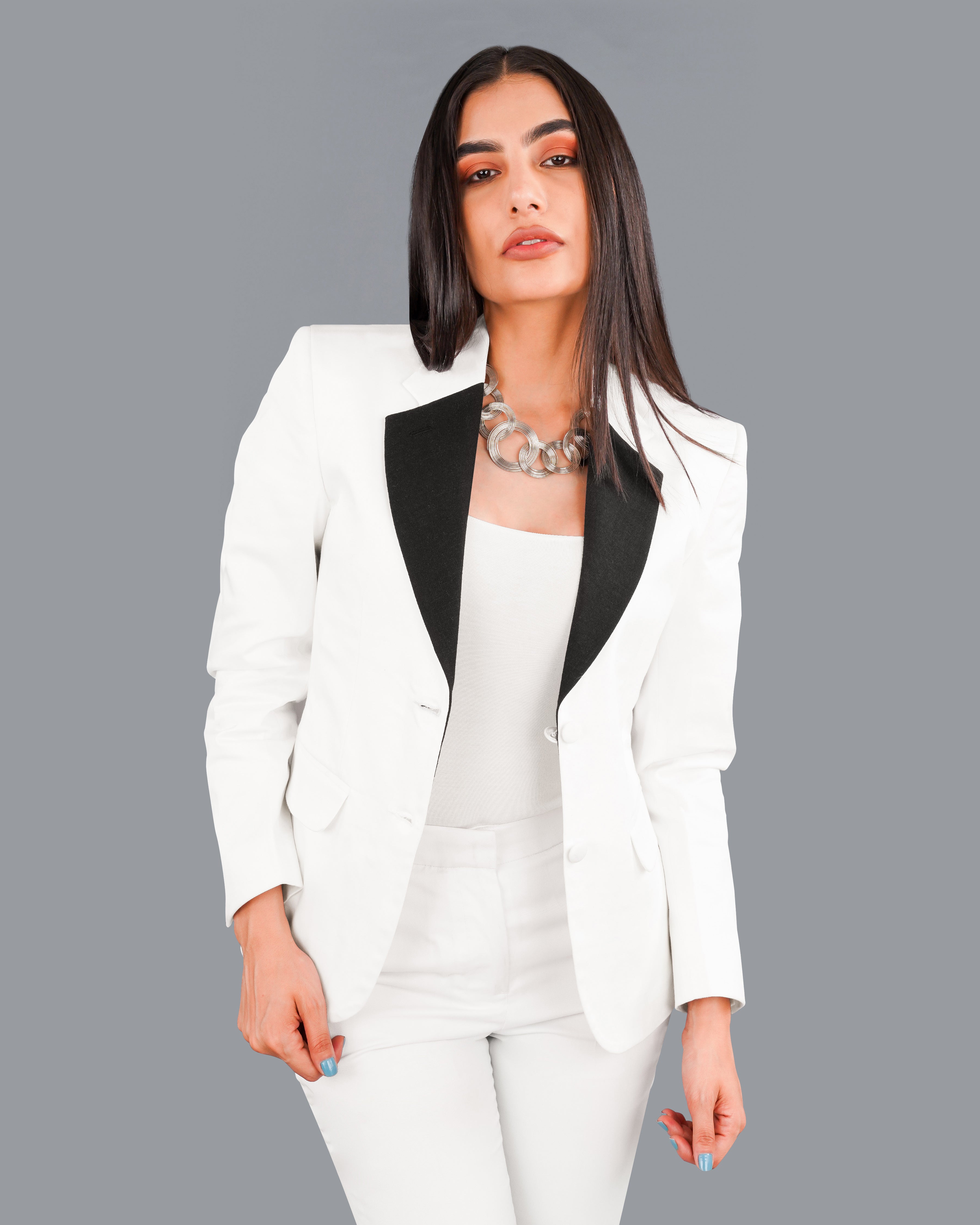 Bright White with Black Patch Collar Premium Cotton Women's Blazer WBL005-SB-BKPL-FB-32, WBL005-SB-BKPL-FB-34, WBL005-SB-BKPL-FB-36, WBL005-SB-BKPL-FB-38, WBL005-SB-BKPL-FB-40, WBL005-SB-BKPL-FB-42