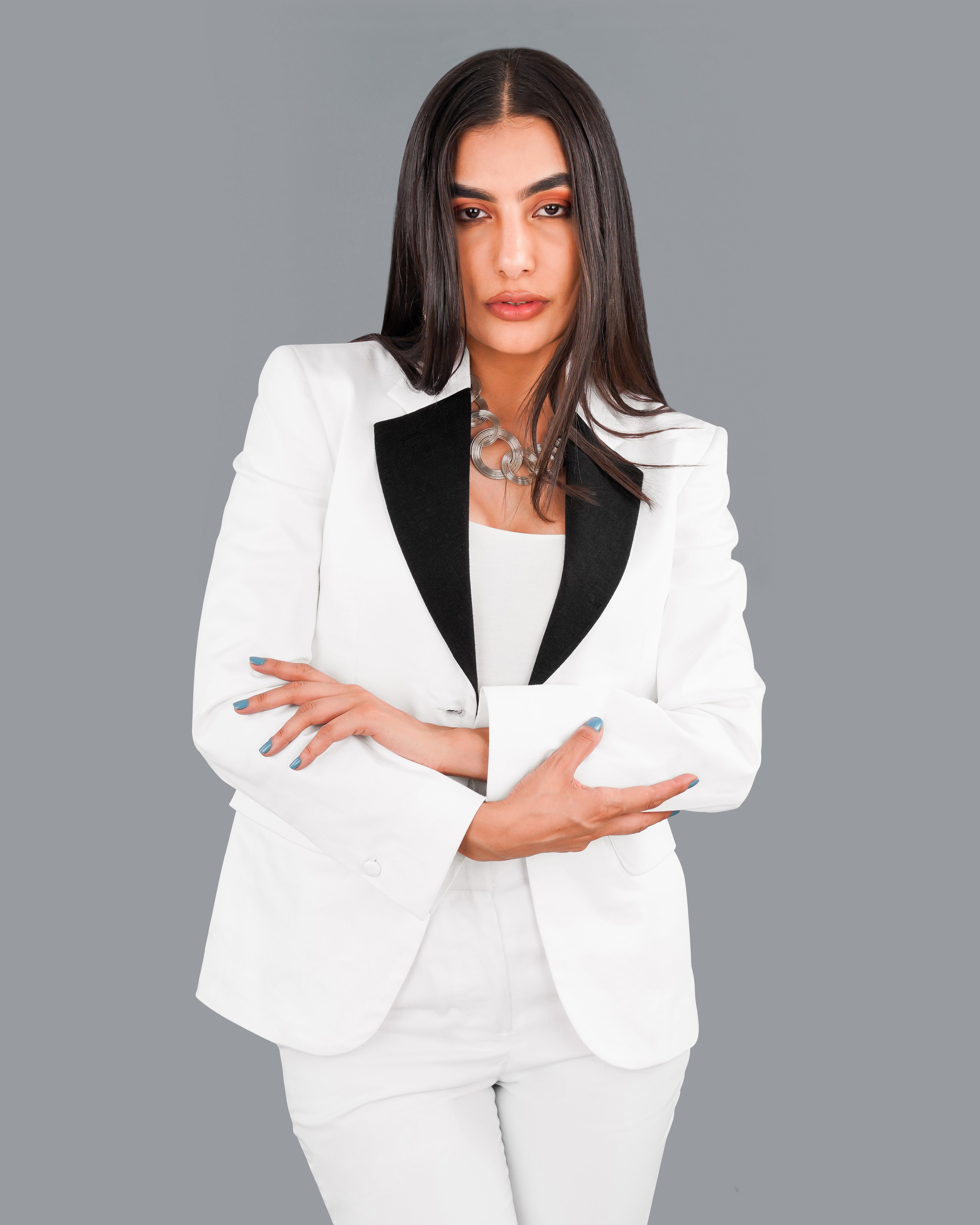 Bright White with Black Patch Collar Premium Cotton Women's Blazer WBL005-SB-BKPL-FB-32, WBL005-SB-BKPL-FB-34, WBL005-SB-BKPL-FB-36, WBL005-SB-BKPL-FB-38, WBL005-SB-BKPL-FB-40, WBL005-SB-BKPL-FB-42