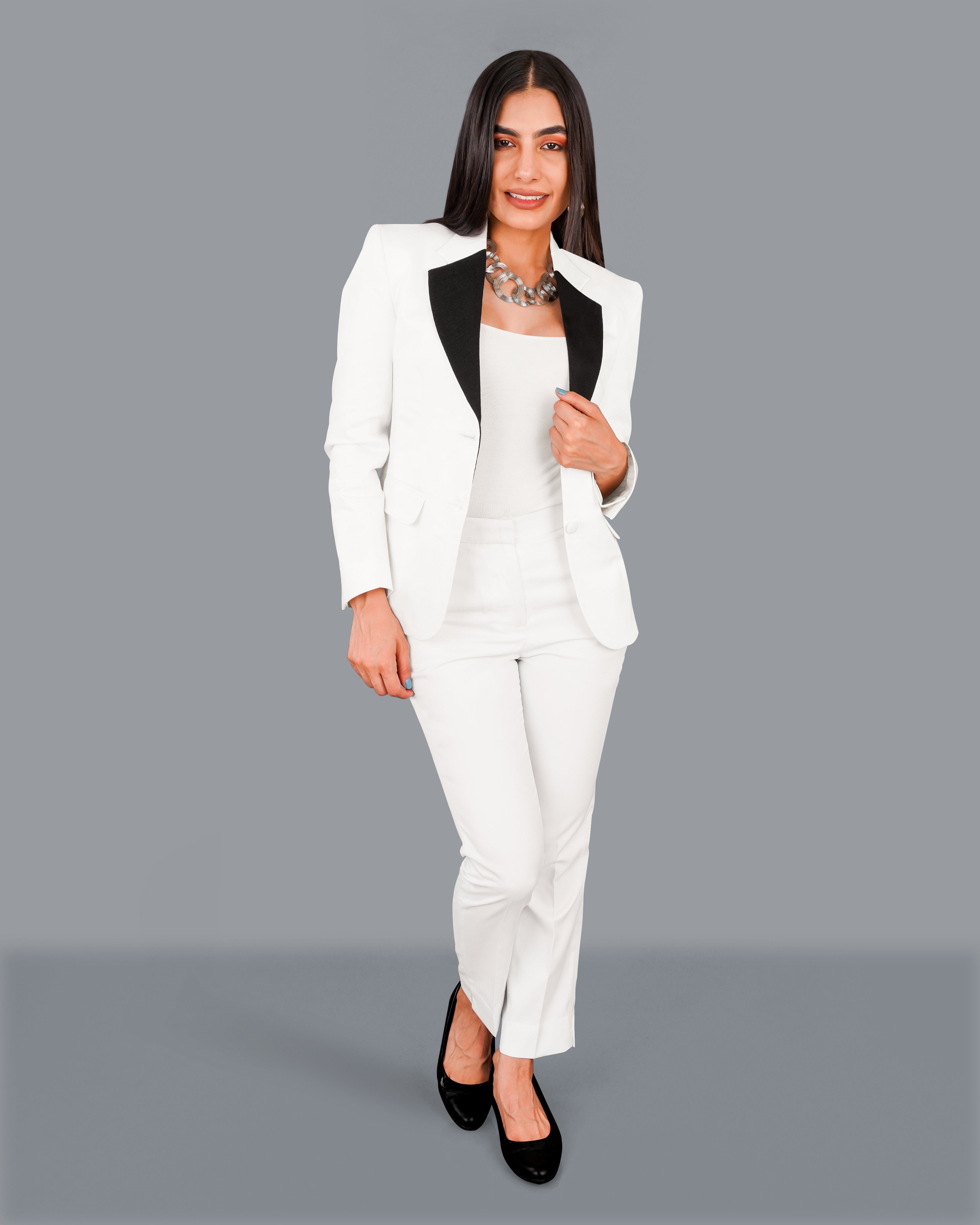 Bright White with Black Patch Collar Premium Cotton Women's Blazer WBL005-SB-BKPL-FB-32, WBL005-SB-BKPL-FB-34, WBL005-SB-BKPL-FB-36, WBL005-SB-BKPL-FB-38, WBL005-SB-BKPL-FB-40, WBL005-SB-BKPL-FB-42