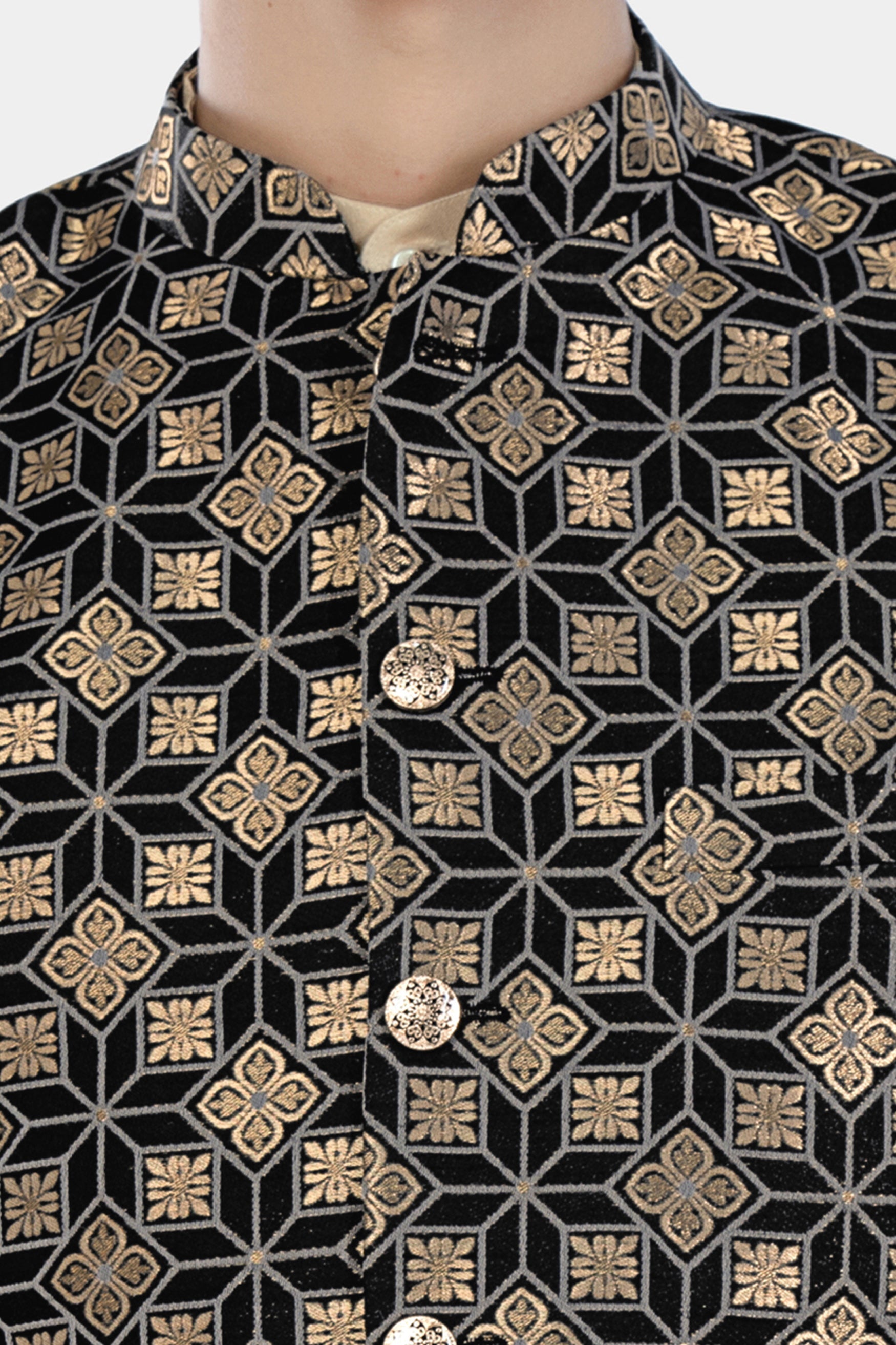 Cinder Black and Tan Brown Geometric Jacquard Textured Designer Nehru Jacket