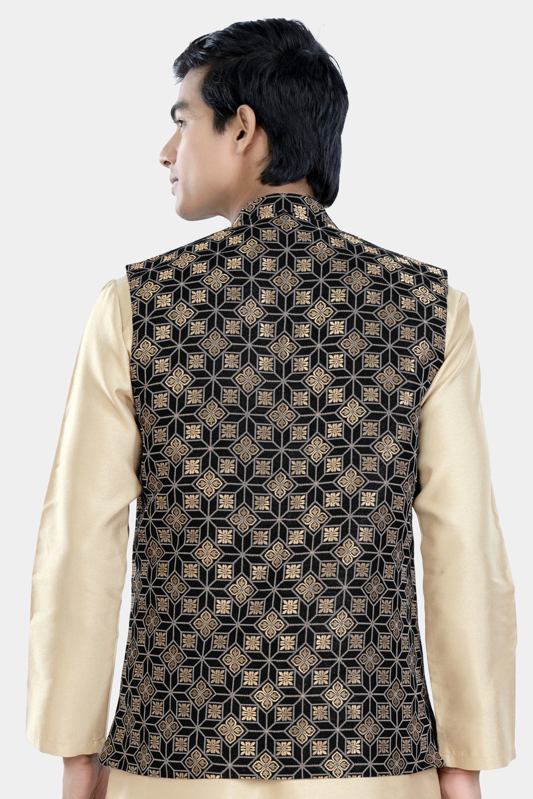 Cinder Black and Tan Brown Geometric Jacquard Textured Designer Nehru Jacket