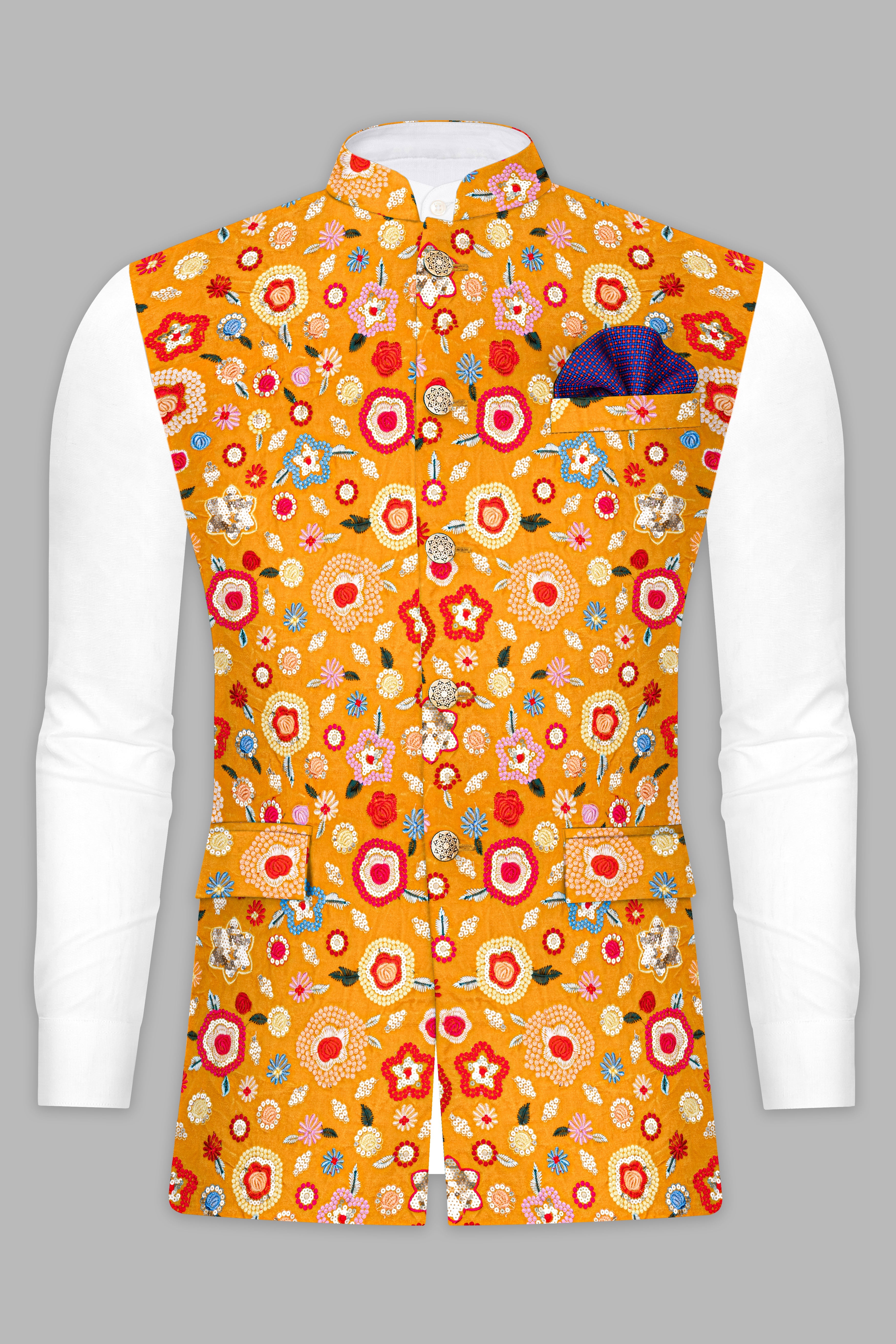 Tangerine Yellow And Alizarin Red Velvet Floral Thread Embroidered Nehru Jacket