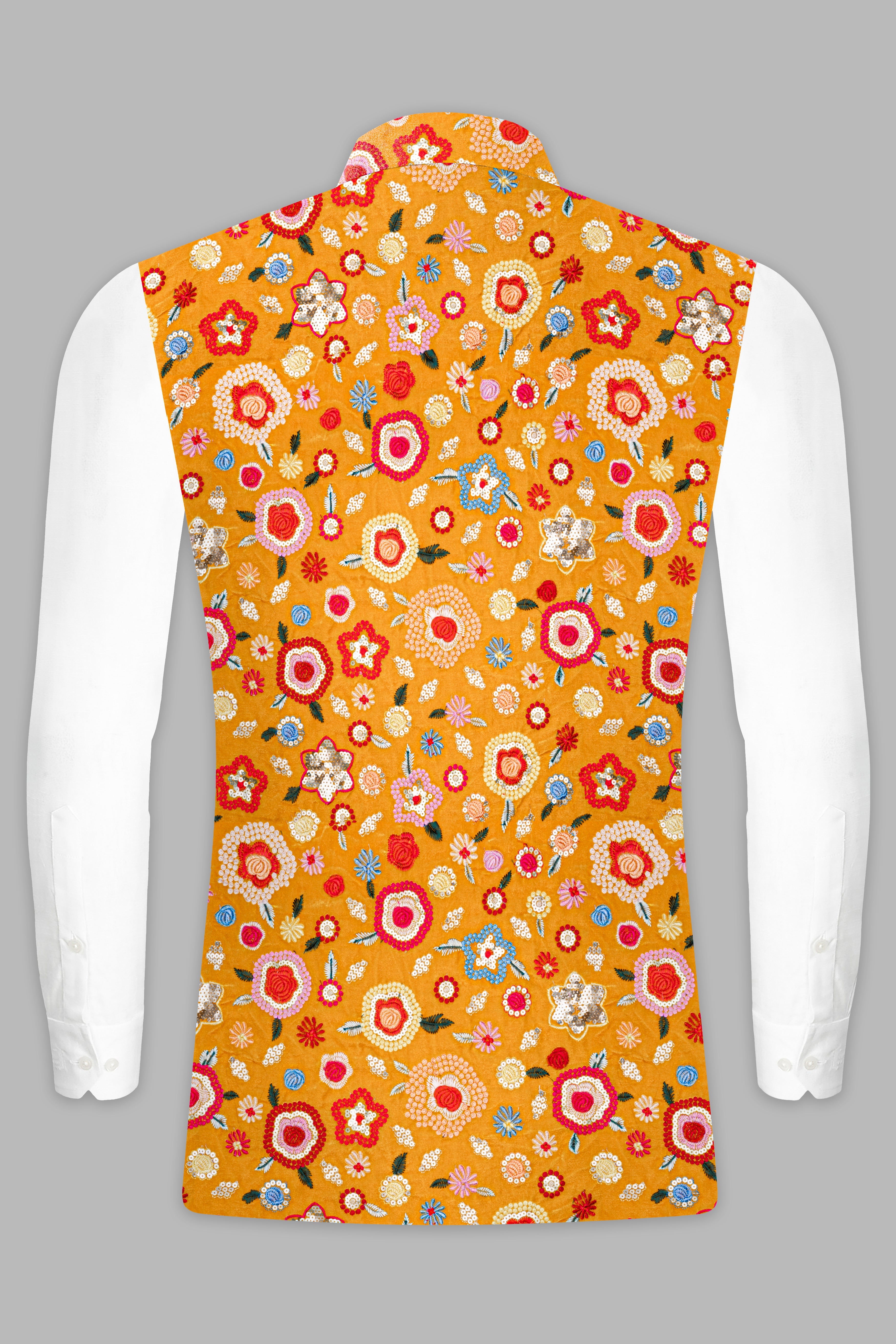 Tangerine Yellow And Alizarin Red Velvet Floral Thread Embroidered Nehru Jacket