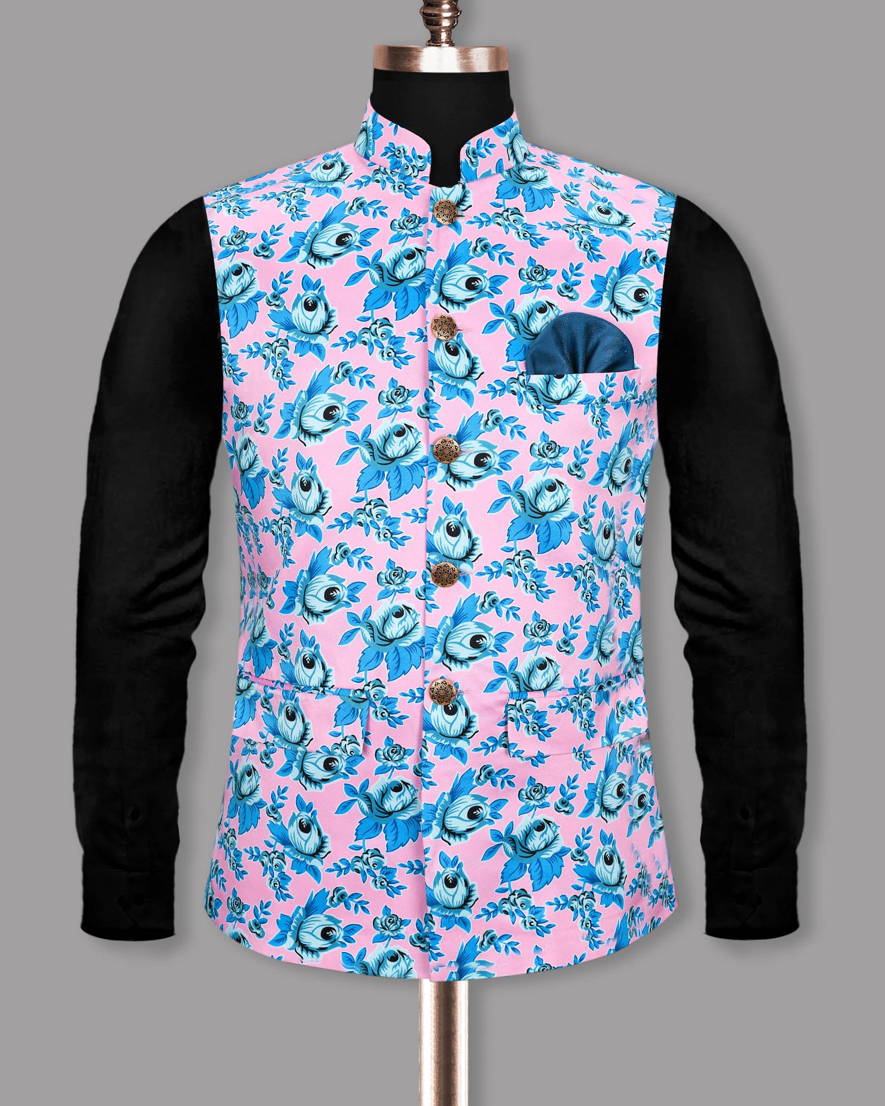 Azalea Pink with Shakespeare Blue Flower Printed Designer Nehru jacket