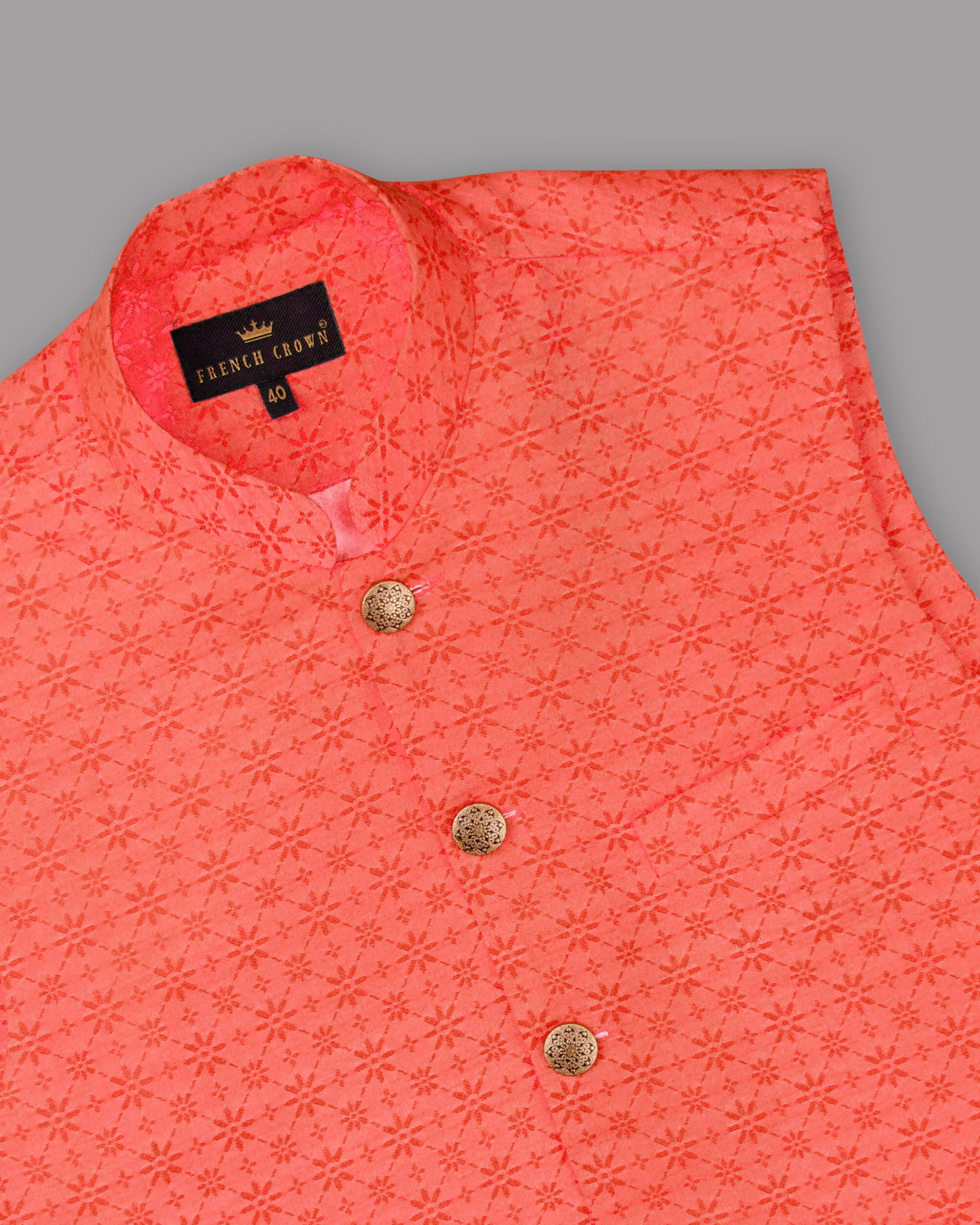 Persimmon Jacquard Patterned Designer Nehru jacket WC1159-36, WC1159-38, WC1159-40, WC1159-44, WC1159-46, WC1159-48, WC1159-54, WC1159-58, WC1159-52, WC1159-56, WC1159-42, WC1159-60, WC1159-50