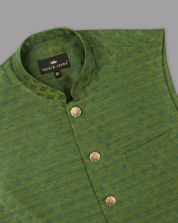 Saratoga Green Motif Jacquard Texture Designer Nehru Jacket WC1173-36, WC1173-38, WC1173-40, WC1173-42, WC1173-44, WC1173-46, WC1173-48, WC1173-50, WC1173-52, WC1173-54, WC1173-56, WC1173-58, WC1173-60