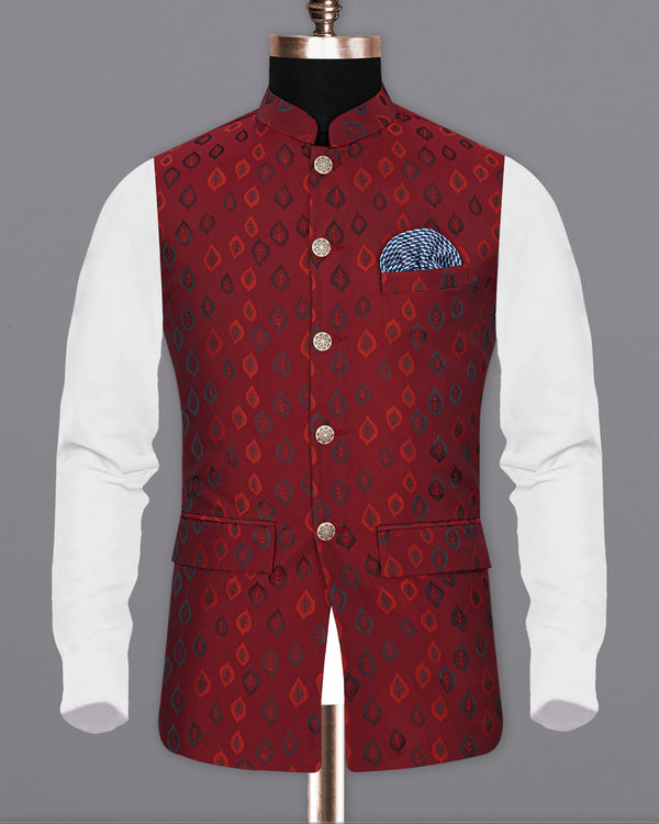 Stilleto Red Leaves Jacquard Textured Nehru Jacket WC1665-36, WC1665-38, WC1665-40, WC1665-42, WC1665-44, WC1665-46, WC1665-48, WC1665-50, WC1665-52, WC1665-54, WC1665-56, WC1665-58, WC1665-60