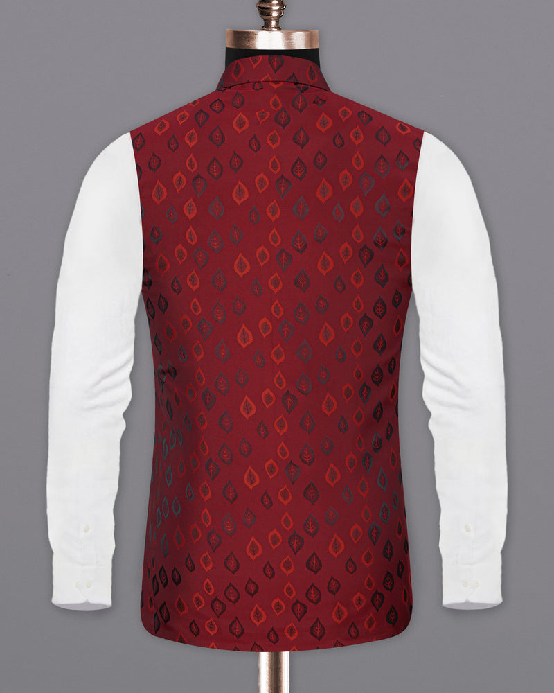 Stilleto Red Leaves Jacquard Textured Nehru Jacket WC1665-36, WC1665-38, WC1665-40, WC1665-42, WC1665-44, WC1665-46, WC1665-48, WC1665-50, WC1665-52, WC1665-54, WC1665-56, WC1665-58, WC1665-60