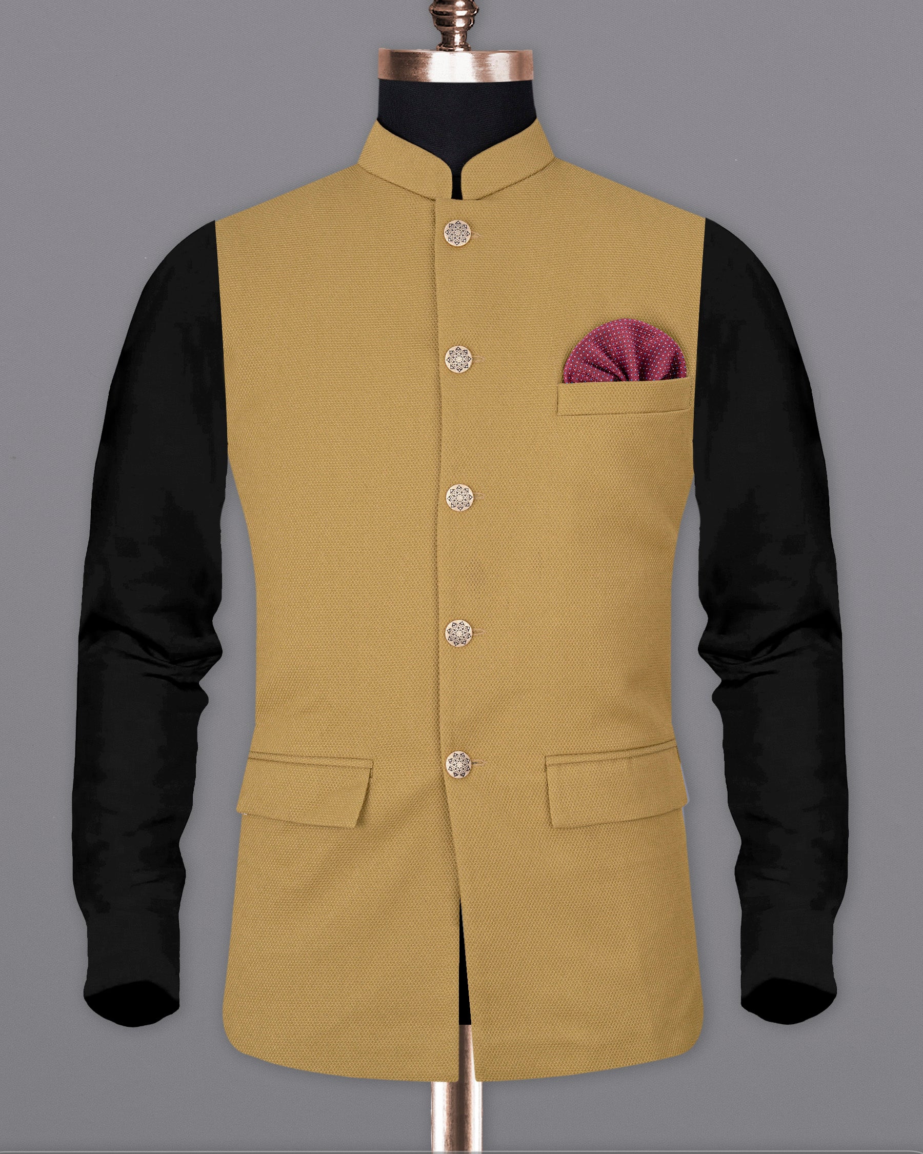 Camel Brown Textured Nehru Jacket WC1671-36, WC1671-38, WC1671-40, WC1671-42, WC1671-44, WC1671-46, WC1671-48, WC1671-50, WC1671-52, WC1671-54, WC1671-56, WC1671-58, WC1671-60